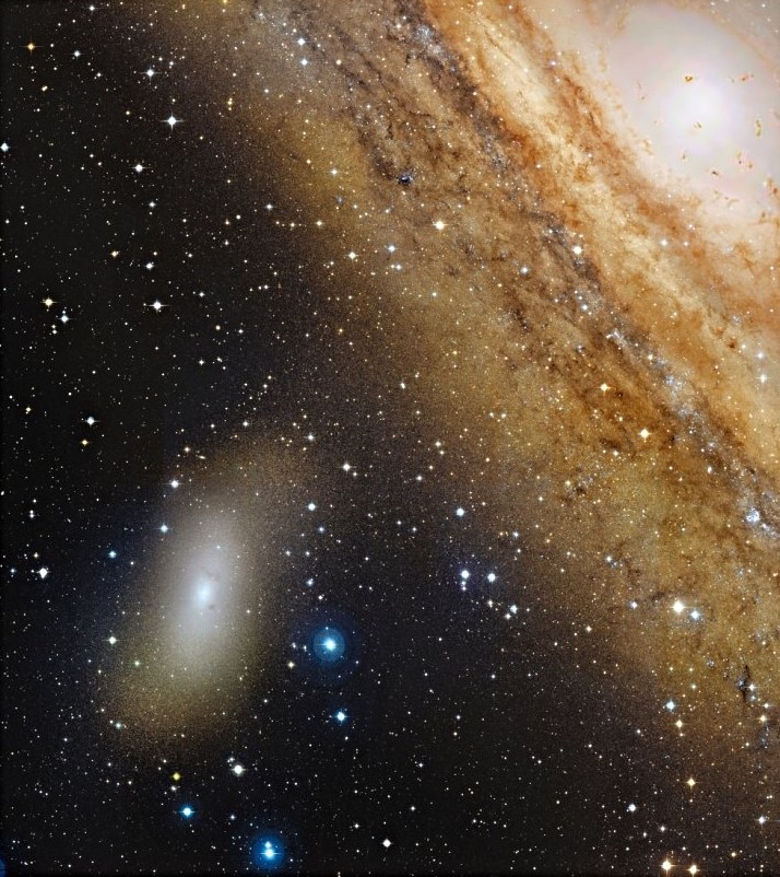 La galaxie M 110 à côté des bras imposants de la grande galaxie d'Andromède M 31. Crédit Canada-France-Hawaii Télescope
