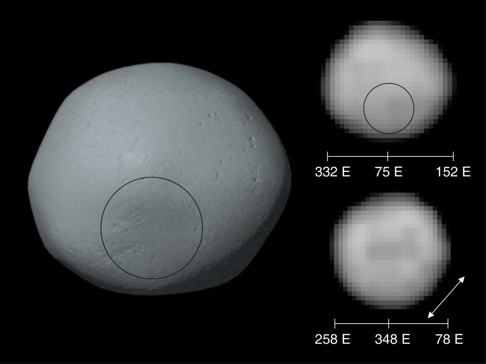 A gauche, une image de synthèse de la surface de Pallas réalisée à partir des images prises par Hubble et que l'on voit à droite. Le cercle indique la localisation de la dépression constituant peut-être les restes d'un cratère d'impact ancien. Crédit : Science