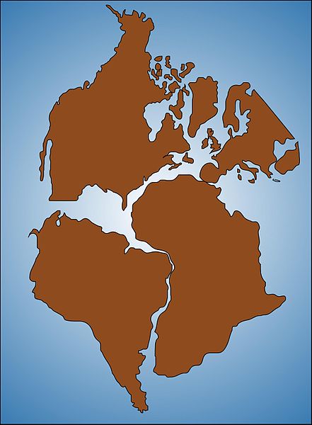 Représentation de l'ouest de la Pangée durant&nbsp;la séparation des continents. Les Amériques du&nbsp;Nord et du&nbsp;Sud&nbsp;sont visibles sur la gauche, respectivement en haut et en bas de l'image. Elles sont séparées par la&nbsp;Central American Seaway.&nbsp;©&nbsp;Gunnar Ries, Wikimedia common, CC by-sa 2.5