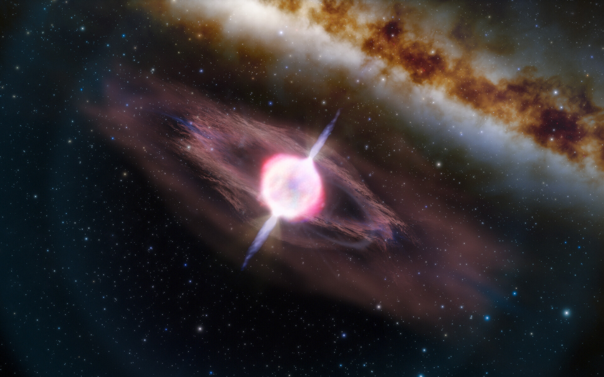 Cette illustration représente une étoile en train de s'effondrer qui produit deux courts jets de rayons gamma. Juste avant qu'une étoile massive qui s'effondre n'explose en supernova, nous observons souvent un sursaut gamma (une brève explosion de rayonnement gamma) si les jets sont dirigés vers la Terre.  © Observatoire International Gemini/NOIRLab/NSF/AURA /J. da Silva - Traitement d'image : M. Zamani (NOIRLab de NSF)