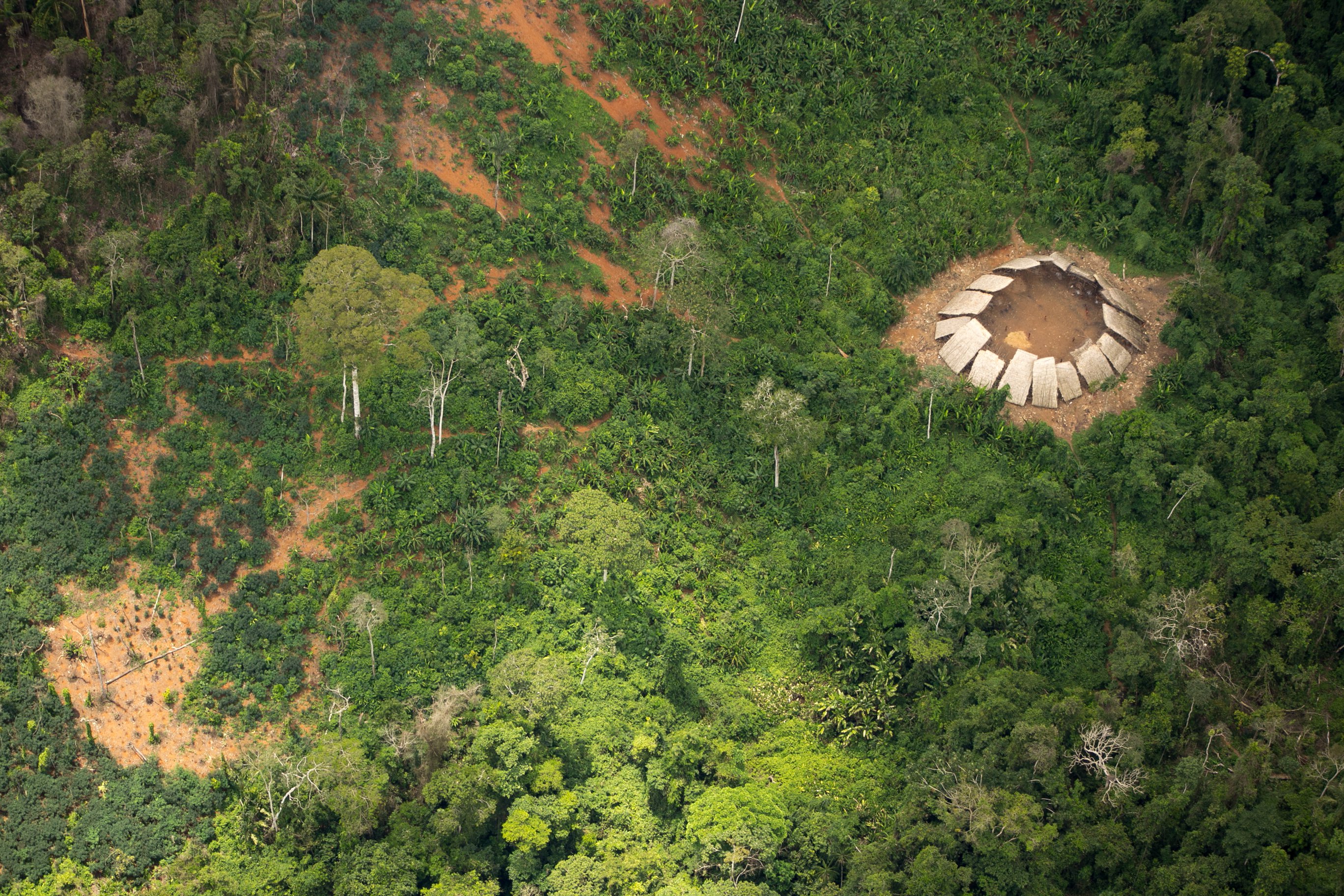 Vue aérienne de la structure circulaire où vivent les Moxihatetema, dans la réserve Yanomami au nord du Brésil. © Guilherme Gnipper Trevisan, Hutukara, Survival
