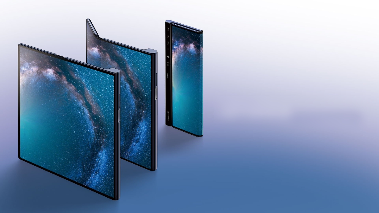 Une fois déplié, le Mate X d’Huawei se transforme en une véritable tablette de 8 pouces. L’écran est étiré au maximum pour laisser peu de place aux bordures. © Huawei
