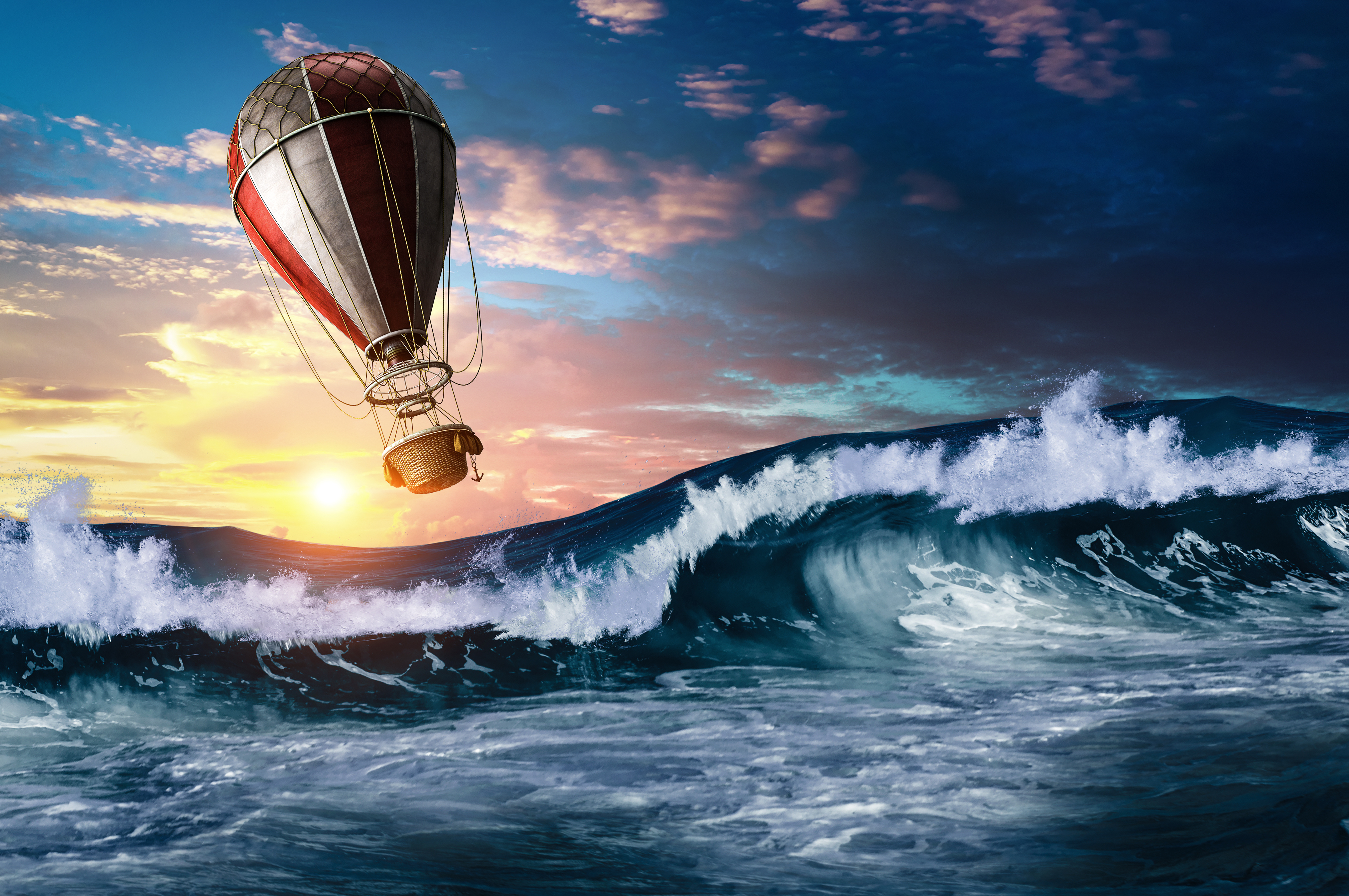 Les passagers du ballon dirigeable se retrouvent emportés par un ouragan au-dessus de l'océan Pacifique. ©&nbsp;Sergey&nbsp;Nivens, Adobe Stock