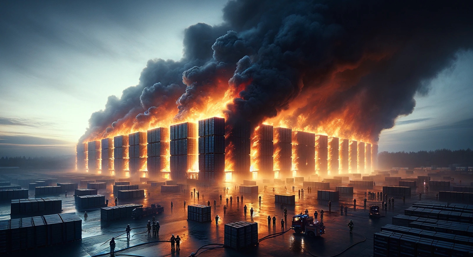 Illustration d'un violet incendie d'un entrepôt de lithium. © XD, Futura avec DALL-E