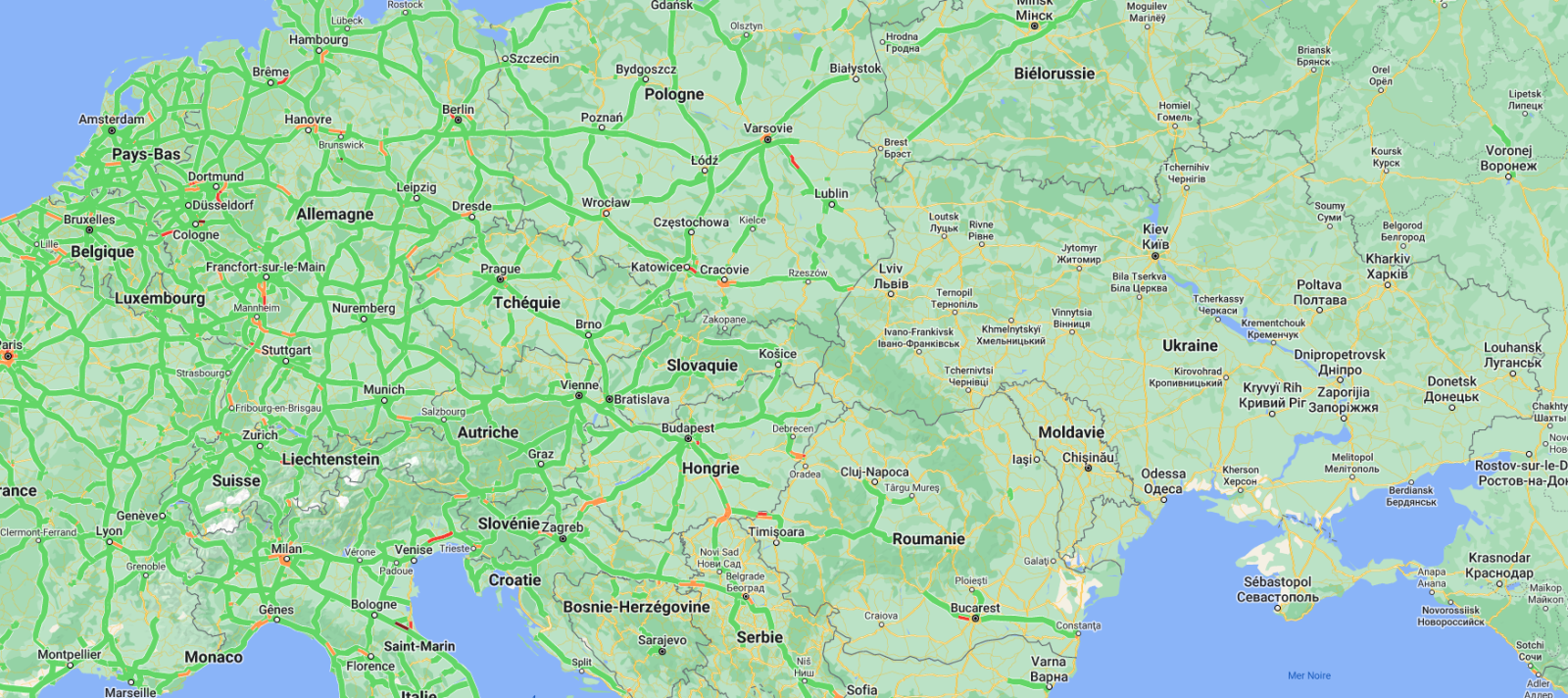 Plus aucune information&nbsp;de trafic routier en Ukraine sur Google Maps. Une décision de Google pour protéger les populations. © Capture