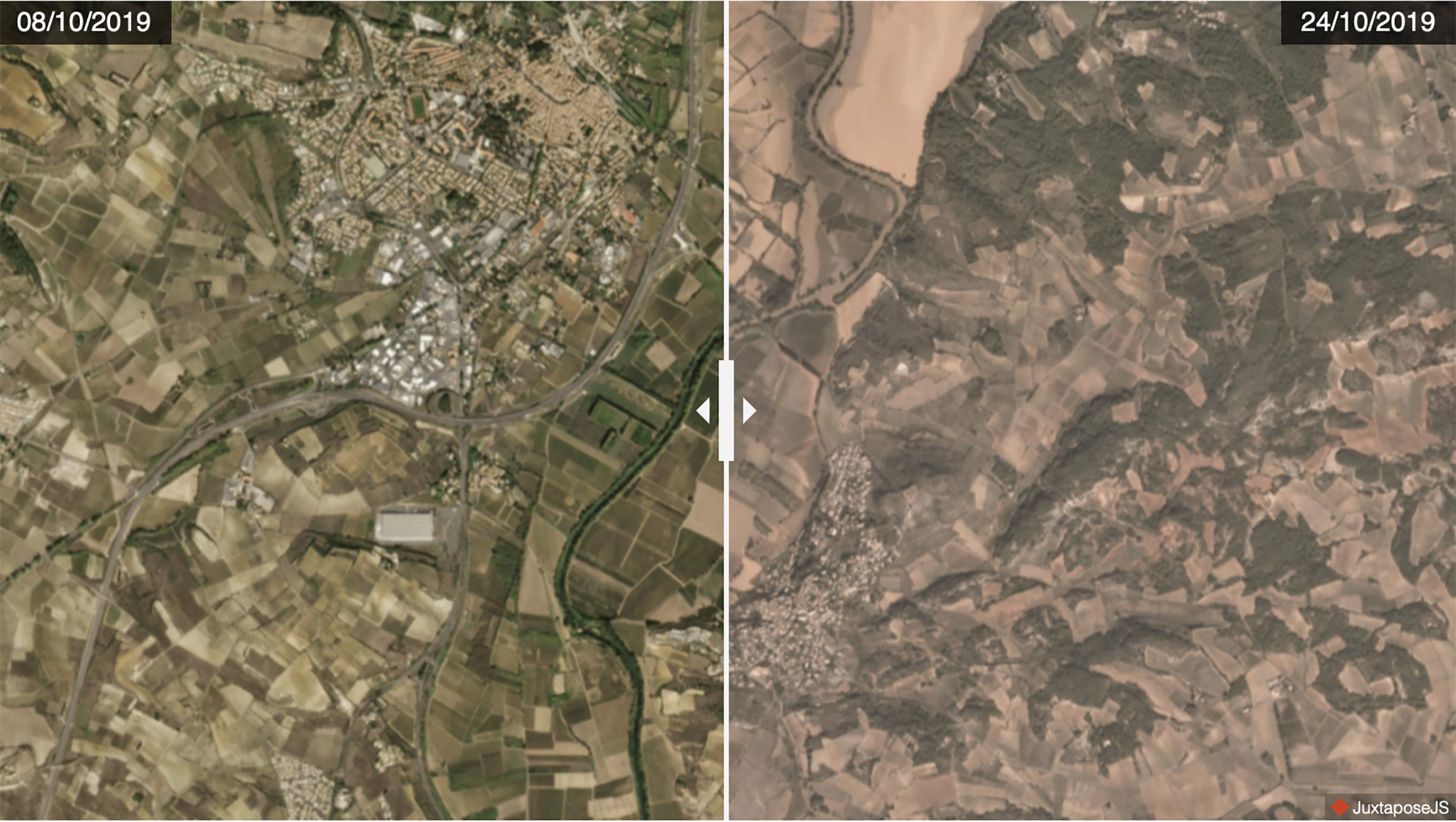 Inondations dans les communes de Pézenas et Castelnau-de-Guers vues depuis les satellites Dove de Planet. © 2019 Planet Labs, Inc.