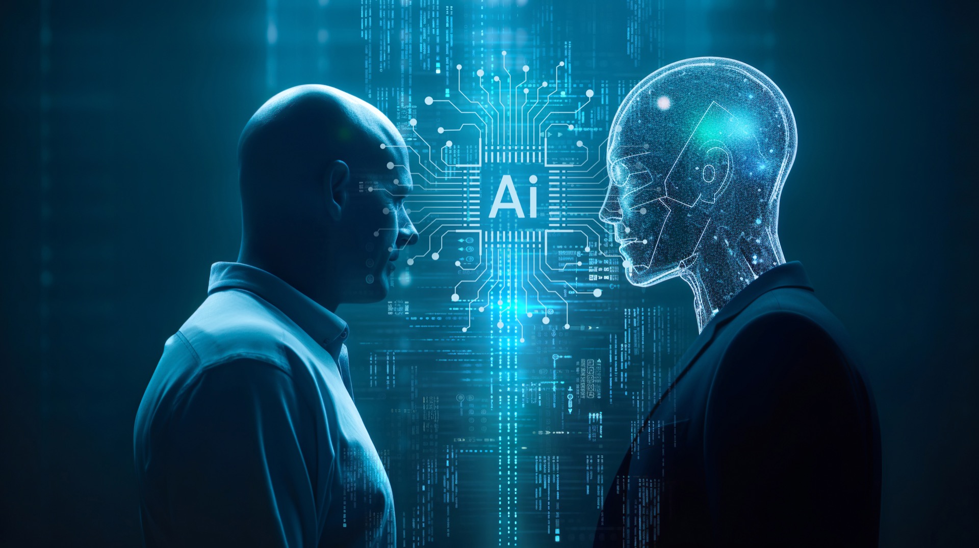 Un être humain et une IA se font face sur fond de visuels technologiques. © Limitless Visions, Adobe Stock   