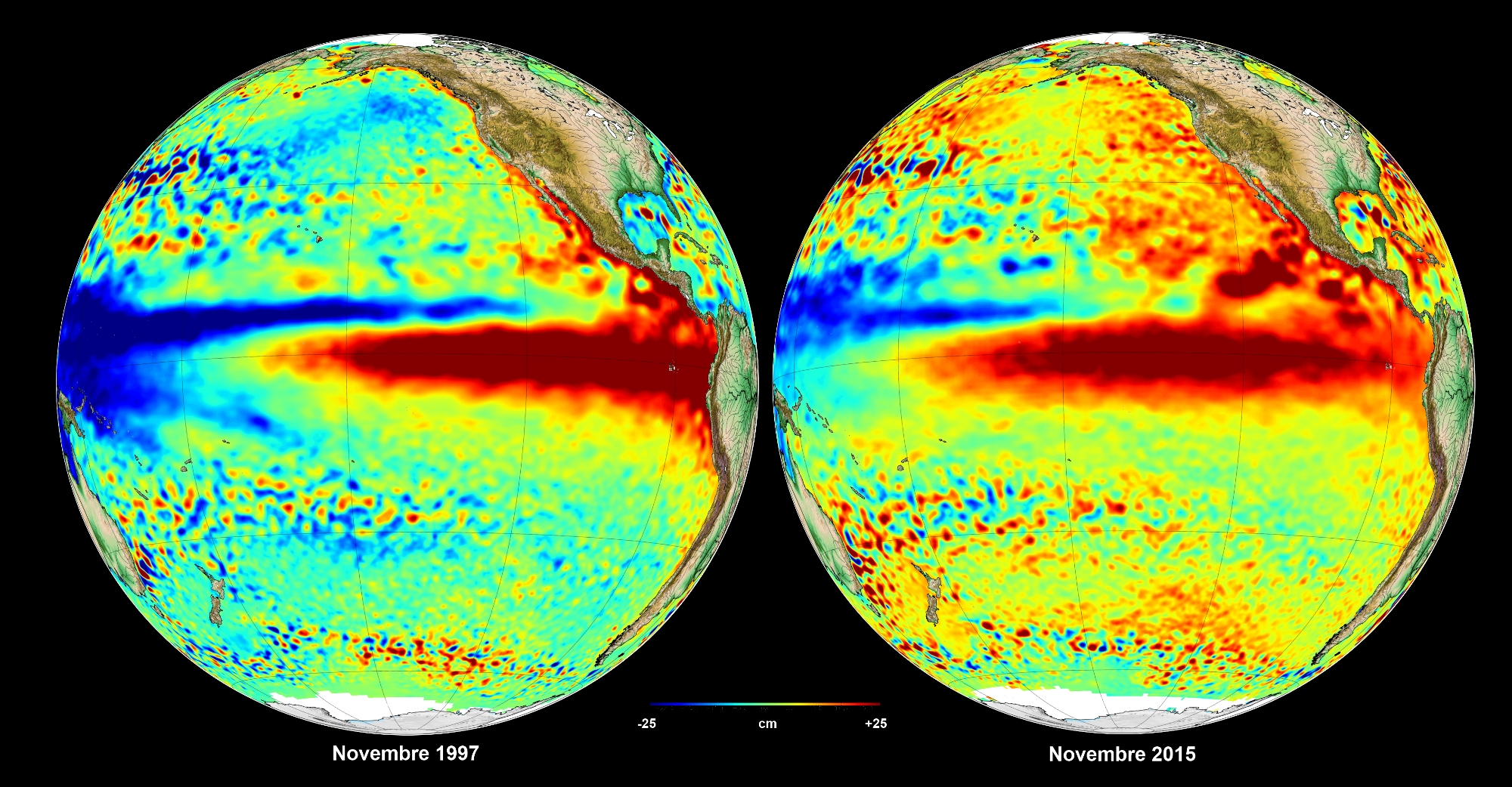 À gauche, El Niño en 1997 (ceinture d’eaux plus chaudes que la moyenne dans le Pacifique). À droite, El Niño en 2015, le plus puissant depuis celui de 1997. © Aviso, Cnes, CLS 2015