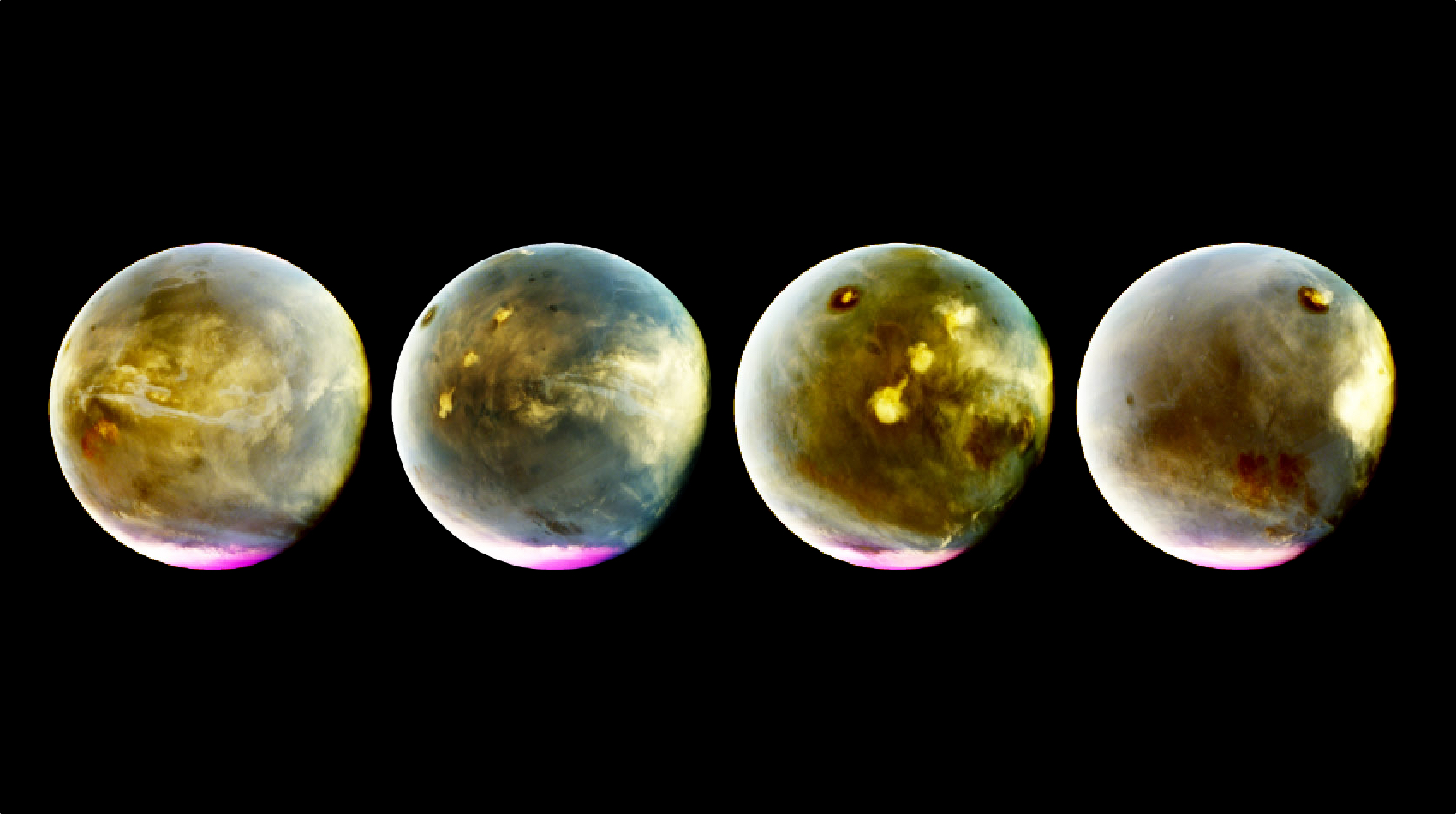 Photo-montage des images (ici en fausses couleurs) de Mars prises par Maven le 9 et 10 juillet 2016. Au cours de cette observation de sept heures, des nuages se sont formés au-dessus des volcans de Mars. © Nasa, Maven, université du Colorado
