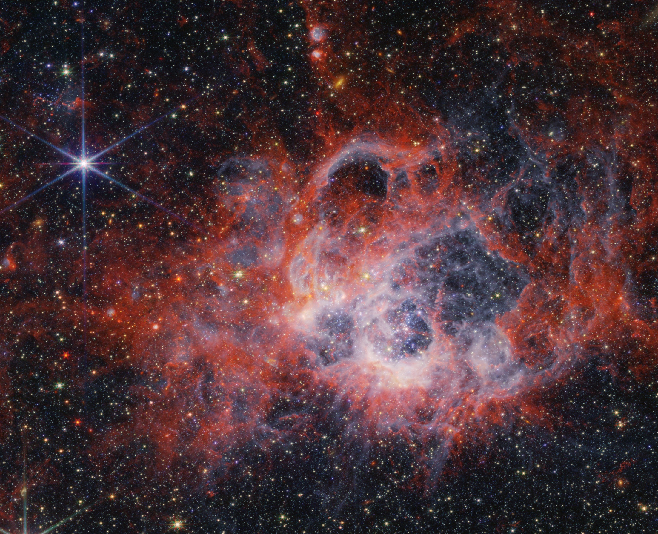Cette image prise par la NIRCam (Near-Infrared Camera) du télescope spatial James-Webb de la Nasa de la région de formation d'étoiles NGC 604 montre comment les vents stellaires provenant de jeunes étoiles brillantes et chaudes creusent des cavités dans les gaz et la poussière environnants. © Nasa, ESA, ASC, STScI