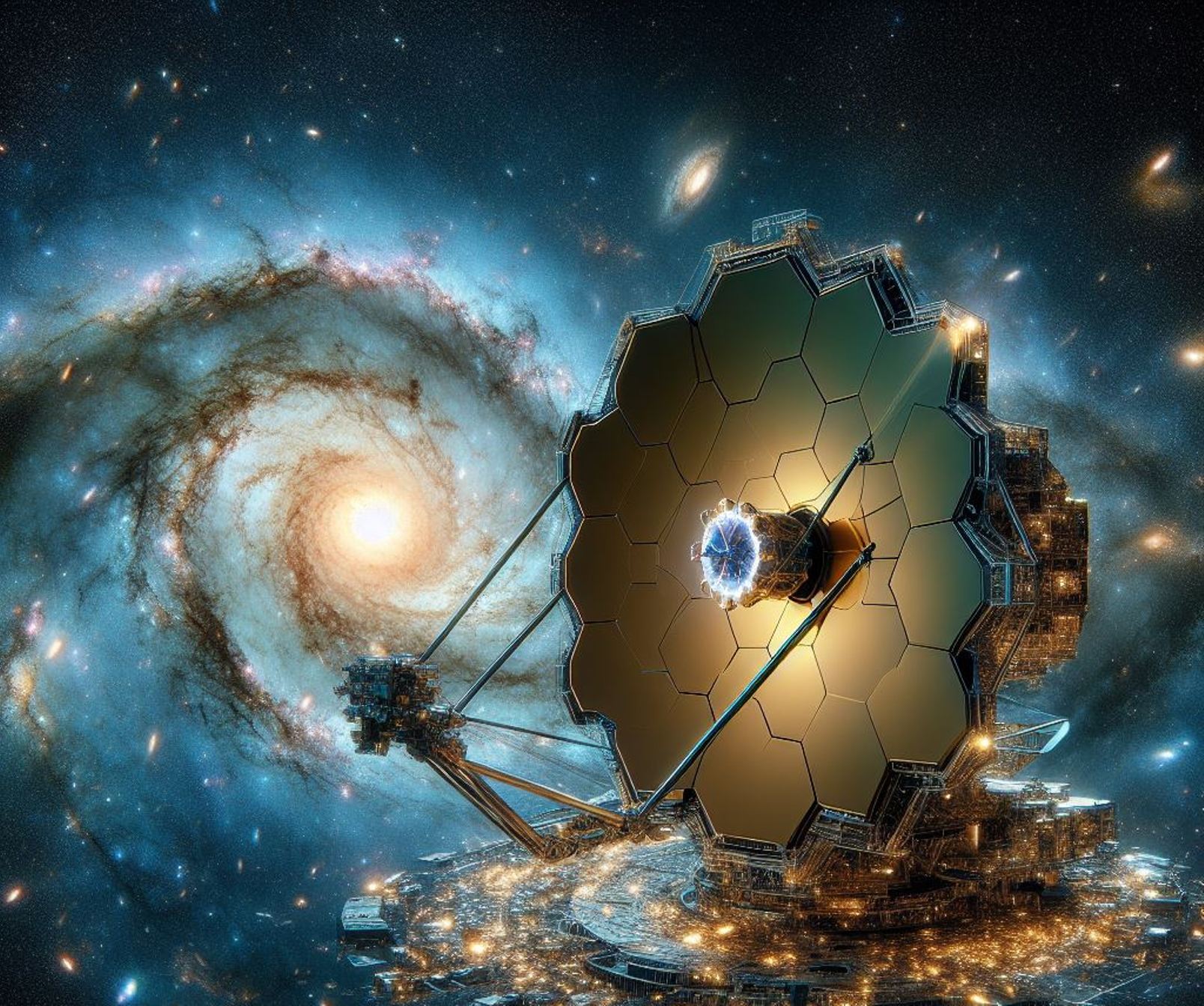Une vue de l'IA symbolisant le James-Webb observant les galaxies. © 2024 Microsoft Corporation