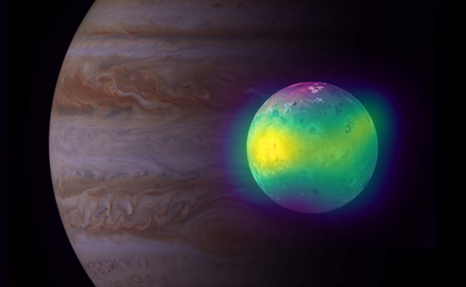 Une image composite montrant la lune Io de Jupiter en radio (Alma) et en lumière visible (Voyager 1 et Galileo). Les observations d’Alma d'Io montrent pour la première fois des panaches de dioxyde de soufre (en fausse couleur jaune) s'élevant de ses volcans. Jupiter est visible en arrière-plan, vue par la sonde Cassini. © Alma&nbsp;(ESO, NAOJ, NRAO), I. de Pater et al. ; NRAO, AUI NSF, S. Dagnello ; Nasa, JPL, Space Science Institute