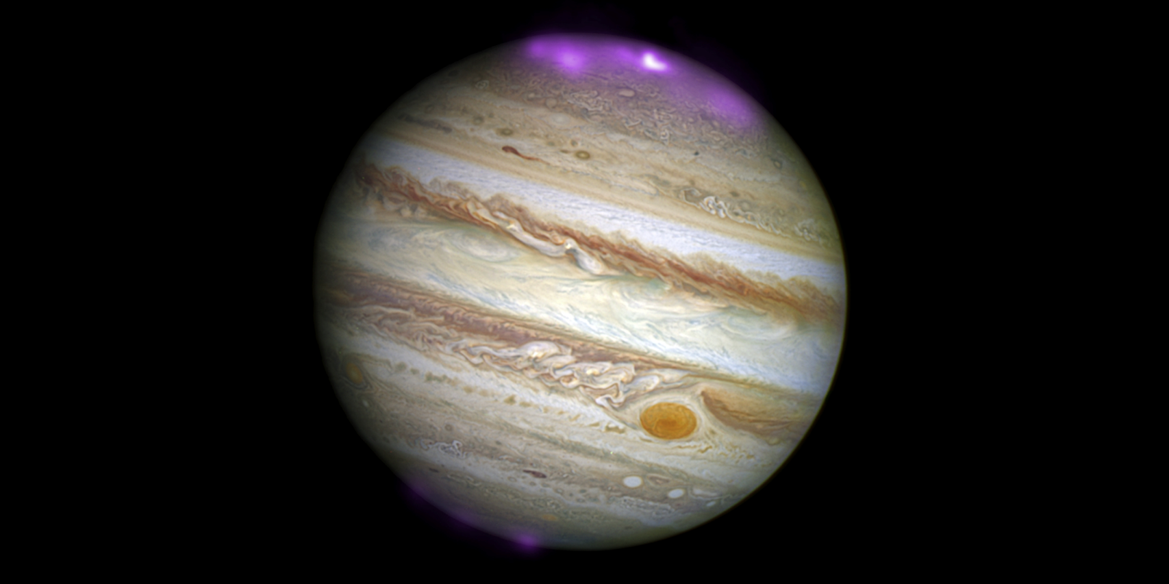 Cette illustration montre le disque de Jupiter, observé avec le HST en lumière visible et les aurores polaires en rayons x, observées avec Chandra, affichées en fausse couleurs violettes. L'émission plus intense (hot spot) au Nord apparait comme une tache plus blanche au centre de l'aurore.&nbsp;© rayons X : Nasa/CXC/UCL/W.Dunn et al., visible : Nasa/STScI.