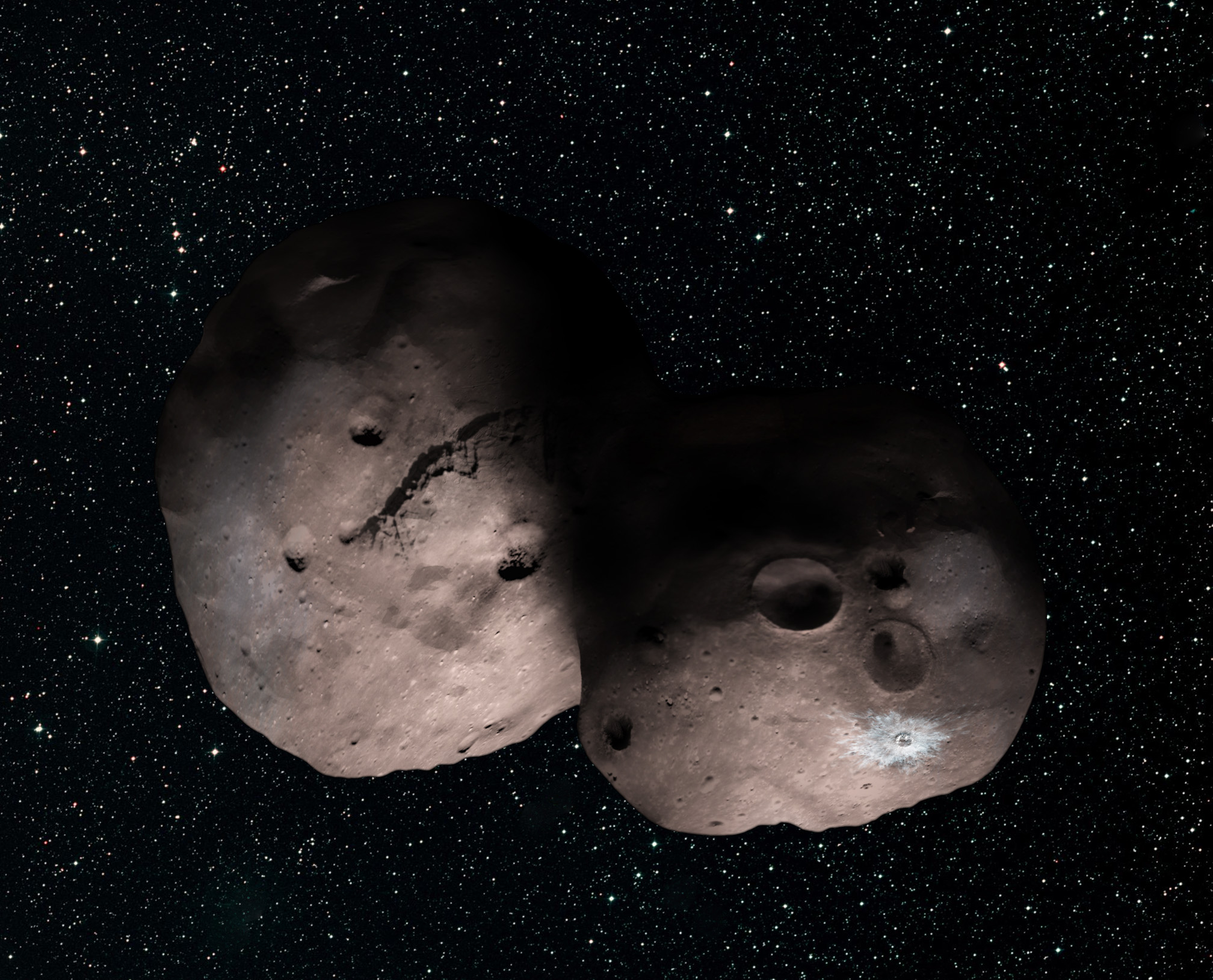 Illustration de 2014 MU69 basée sur les observations de juillet 2017 lors de l’occultation de trois étoiles. Cet objet de la ceinture de Kuiper pourrait une binaire rapprochée ou en contact. © Nasa, JHUAPL, SwRI, Alex Parker