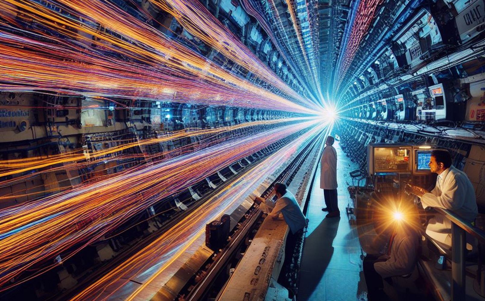 La chasse aux particules supersymétriques au LHC vue par l'IA DALL-E. © 2023 Microsoft Corporation