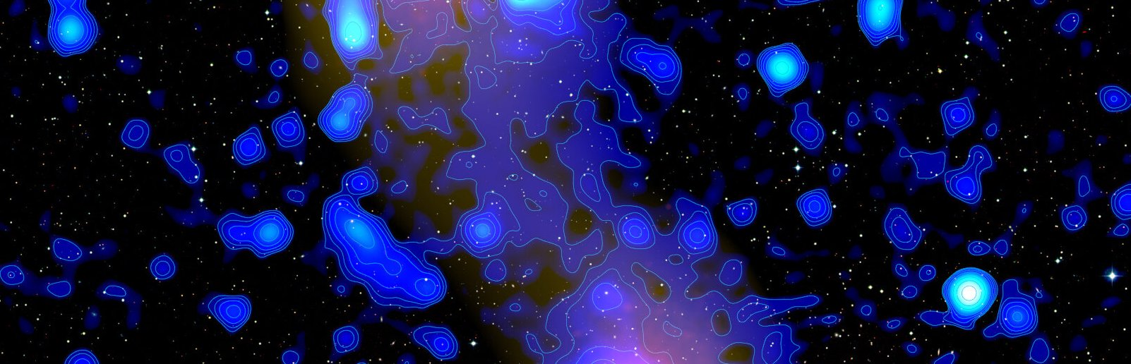Une vue en fausses couleurs des rayonnements associés au filament entre les amas galactiques observés avec Lofar. © XMM-Newton (rayons X), satellite Planck (paramètre y), F. Govoni et al. 2019, Science (radio). Image de M. Murgia, Inaf.