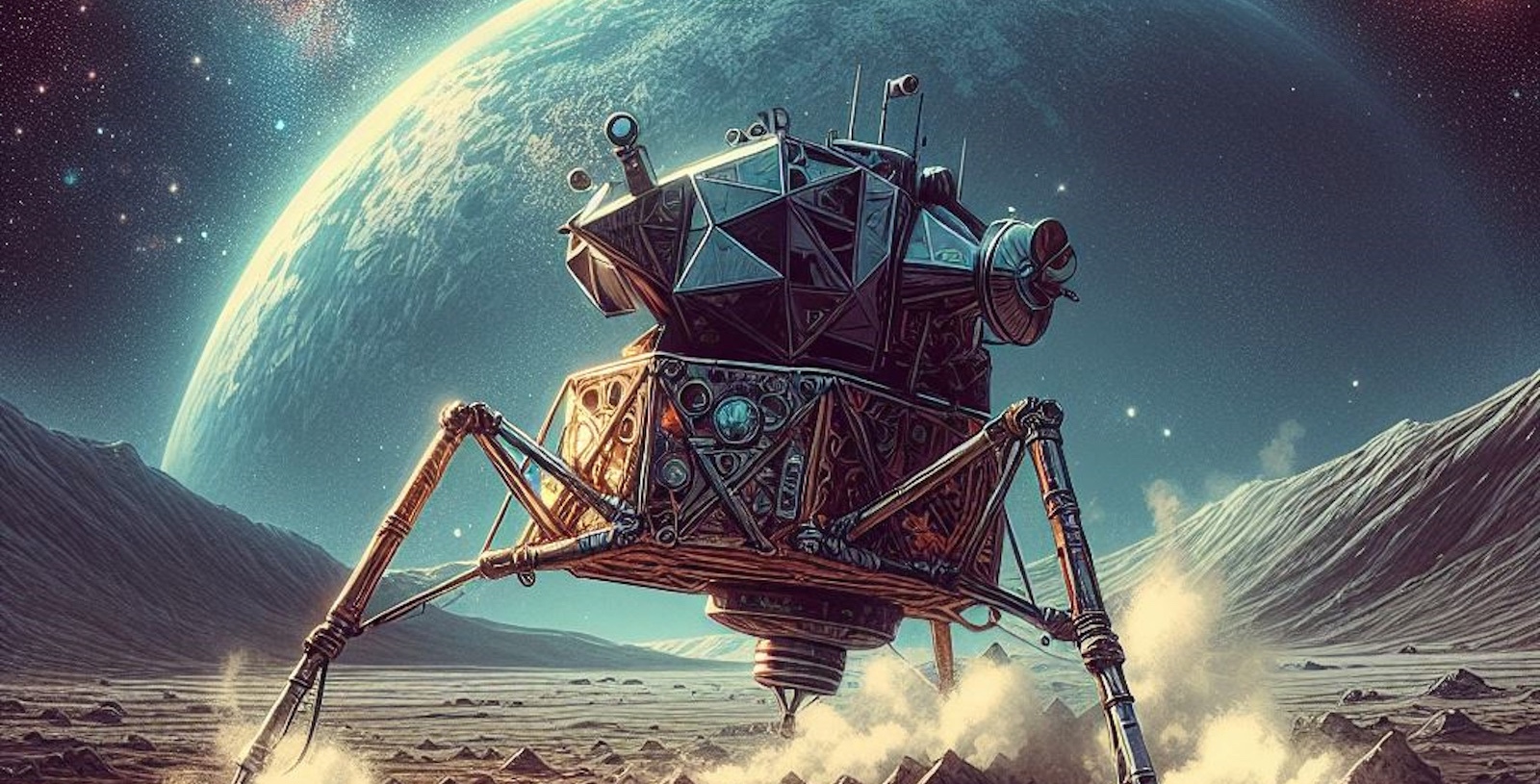 Illustration d'un atterrisseur à la surface de la Lune. La taille de la Terre est exagérée sur cette image générée à l'aide d'une IA. © DC, Futura avec Image Creator