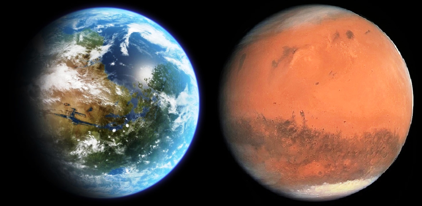 Une vue d'artiste à gauche d'un lointain passé quand Mars avait encore des océans d'eau liquide. © ESA, Daein-Ballard, CC-BY-SA-3.0