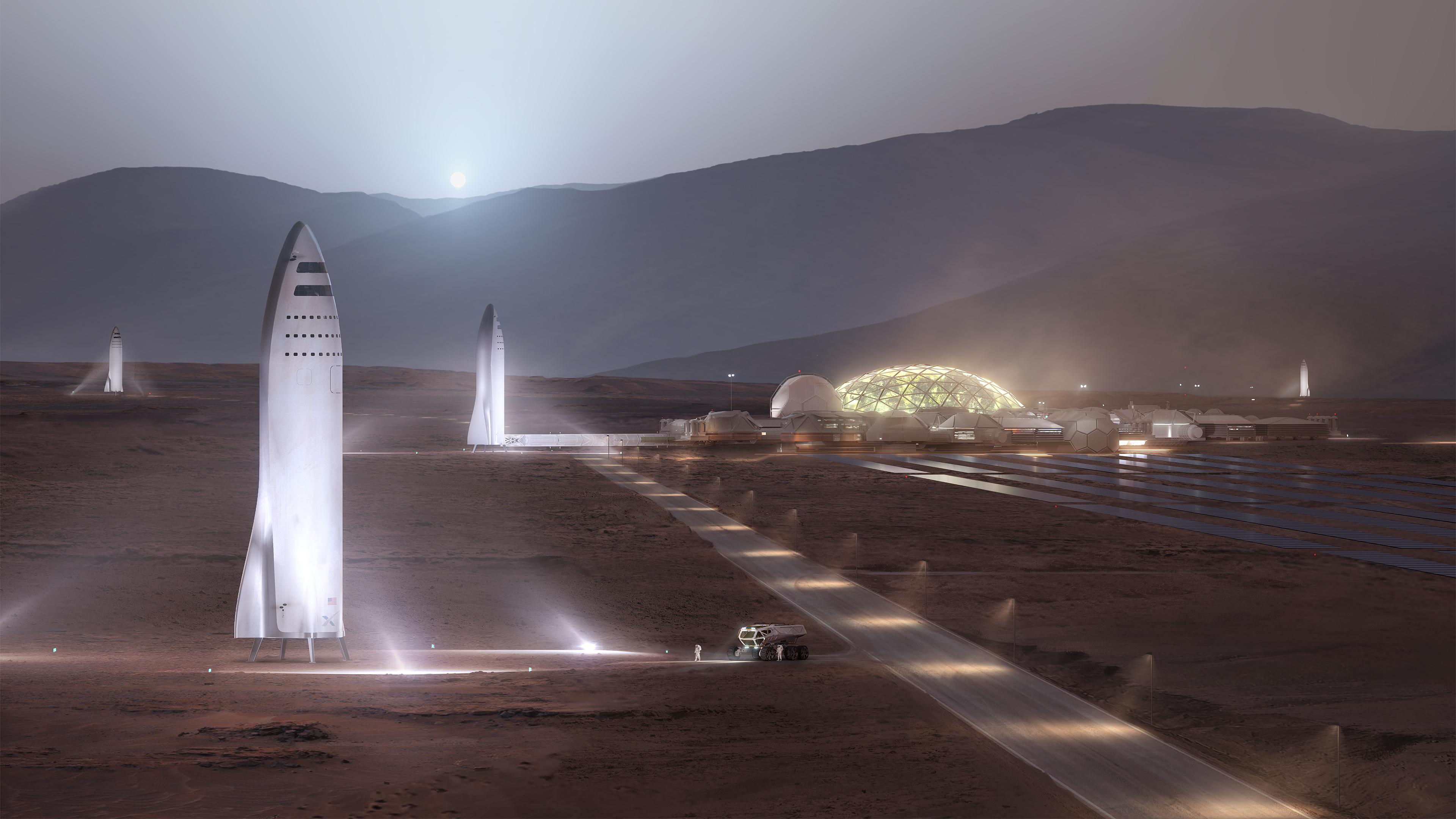 Vue d’artiste des bases martiennes et de lanceurs BFR prêts à décoller. © SpaceX