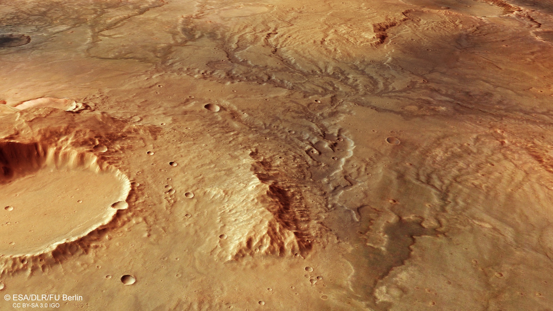Vue en perspective des traces d'anciennes vallées fluviales repérées par le satellite Mars Express de l'ESA en novembre 2018 dans l'hémisphère sud de la Planète rouge. © ESA, DLR, FU Berlin, CC by-sa 3.0 IGO