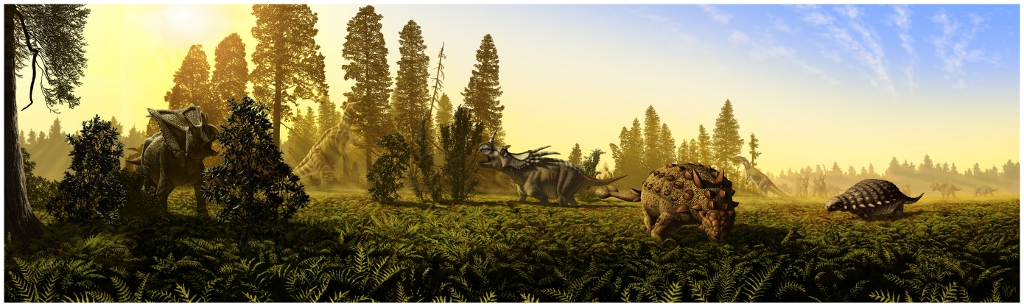 Au Crétacé supérieur, les dinosaures herbivores massifs qui vivaient au niveau de la formation géologique de Dinosaur Park avaient des niches alimentaires différentes. Voilà le secret de leur cohabitation. De gauche à droite, les espèces représentées par Julius Csotonyi sont Chasmosaurus belli, Lambeosaurus lambei, Styracosaurus albertensis, Euoplocephalus tutus, Prosaurolophus maximus, Panoplosaurus mirus. Le troupeau en arrière-plan se compose de S. albertensis. © Jordan Mallon, Jason Anderson, Plos One, 2013