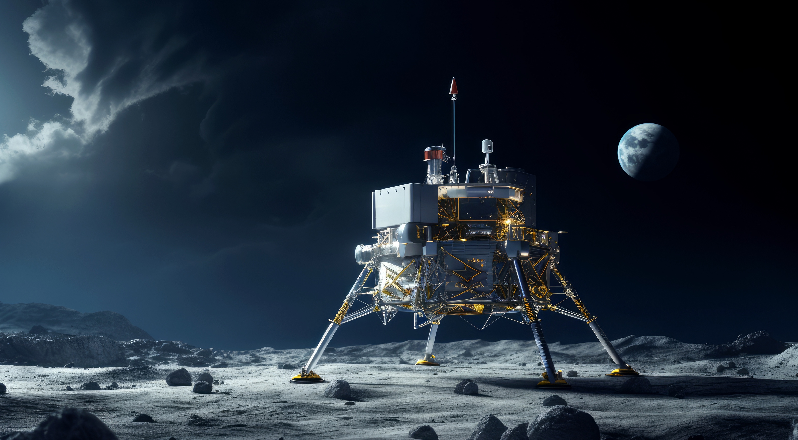 Depuis le 23 août et pendant deux semaines, Chandrayaan-3 explore et étudie la région du pôle sud de la Lune. Illustration générée par une IA d'une mission lunaire. © Muratart, Adobe Stock