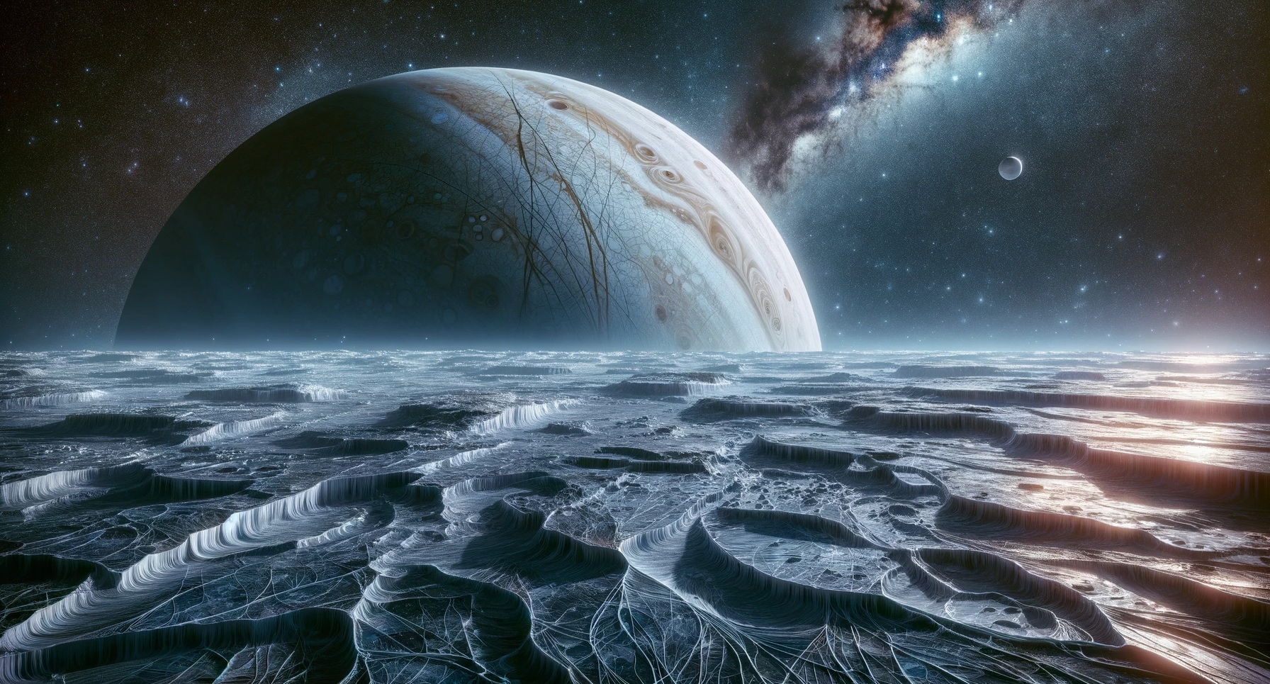 Europe, lune de Jupiter, posséderait une croûte de glace épaisse de 20 kilomètres. © XD, Futura avec DALL-E