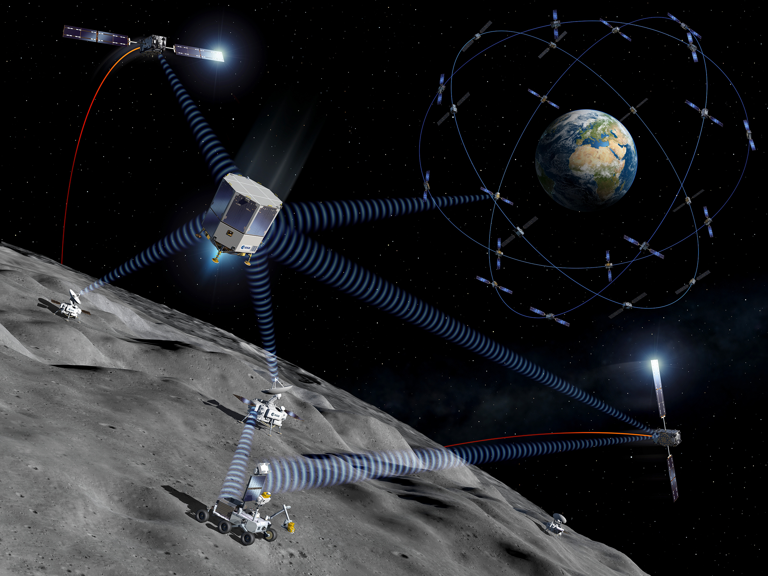 « Moonlight », un projet de constellation de satellites lunaires commercialement viable pour fournir des services de télécommunication et de navigation pour les missions sur la Lune. © ESA, P. Carril