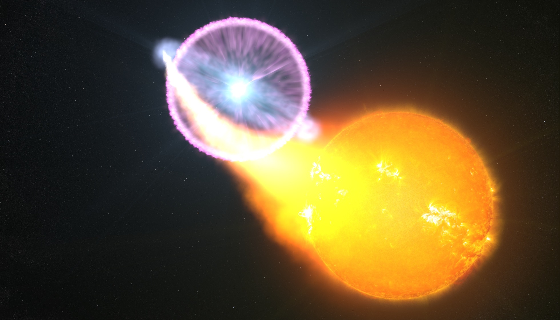 Une vue d'artiste d'une novae à la surface d'une naine blanche accrétant de la matière dans un système binaire. © Nasa Goddard Space Flight Center, S.Wiessinger