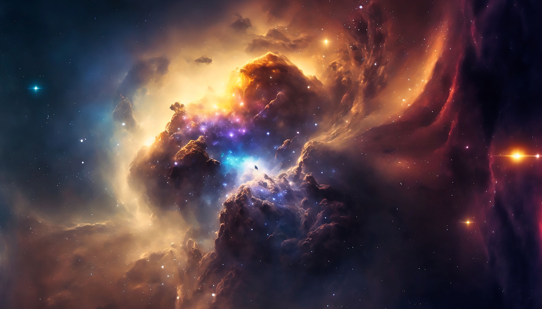 Une vue d'artiste de la formation des étoiles aujourd'hui dans des nuages moléculaires poussiéreux enrichis en « métaux » par les premières étoiles. © Anes Dreams, Adobe Stock