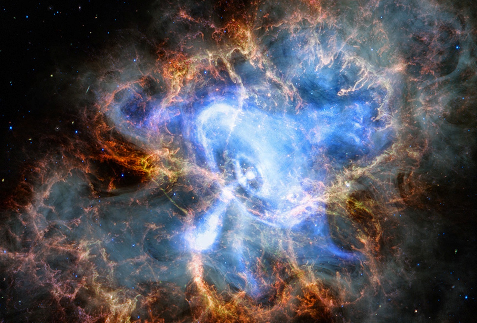 La nébuleuse du Crabe. Ces images en fausses couleurs montrent les données de Chandra en rayons X ainsi que les données infrarouges du télescope spatial James-Webb. © Rayons X : NASA/CXC/SAO ; Infrarouge : NASA/STScI ; Traitement d'images : NASA/CXC/SAO/J. Majeur