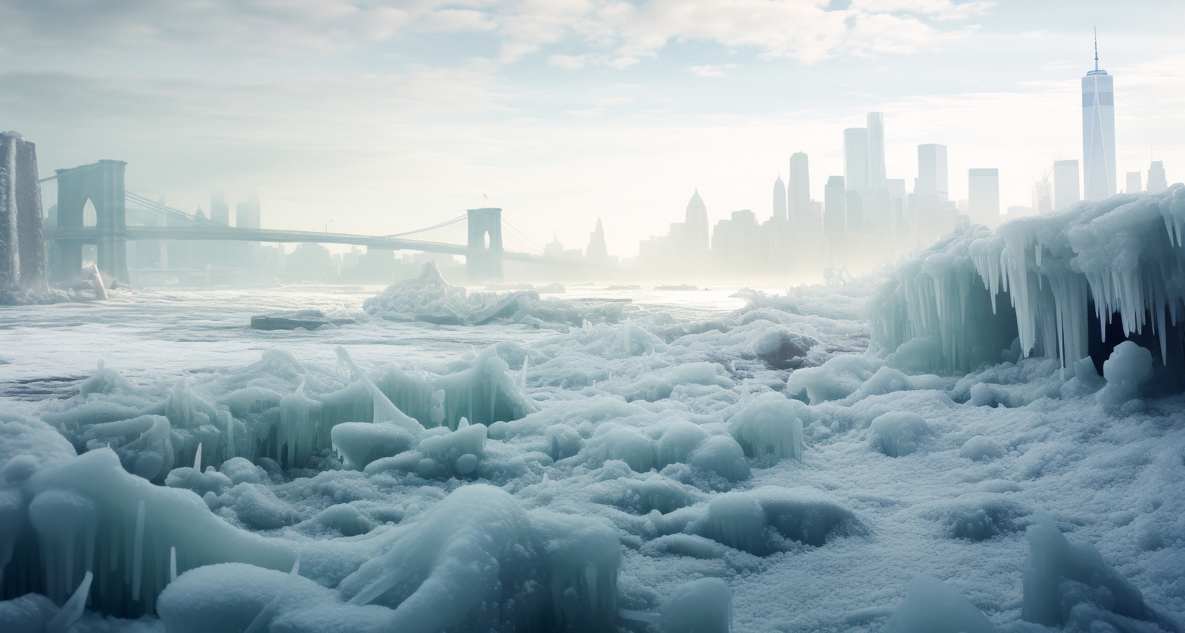 New York sous la neige et la glace. Image générée par l'Intelligence Artificielle. © Creative Valley, Adobe Stock