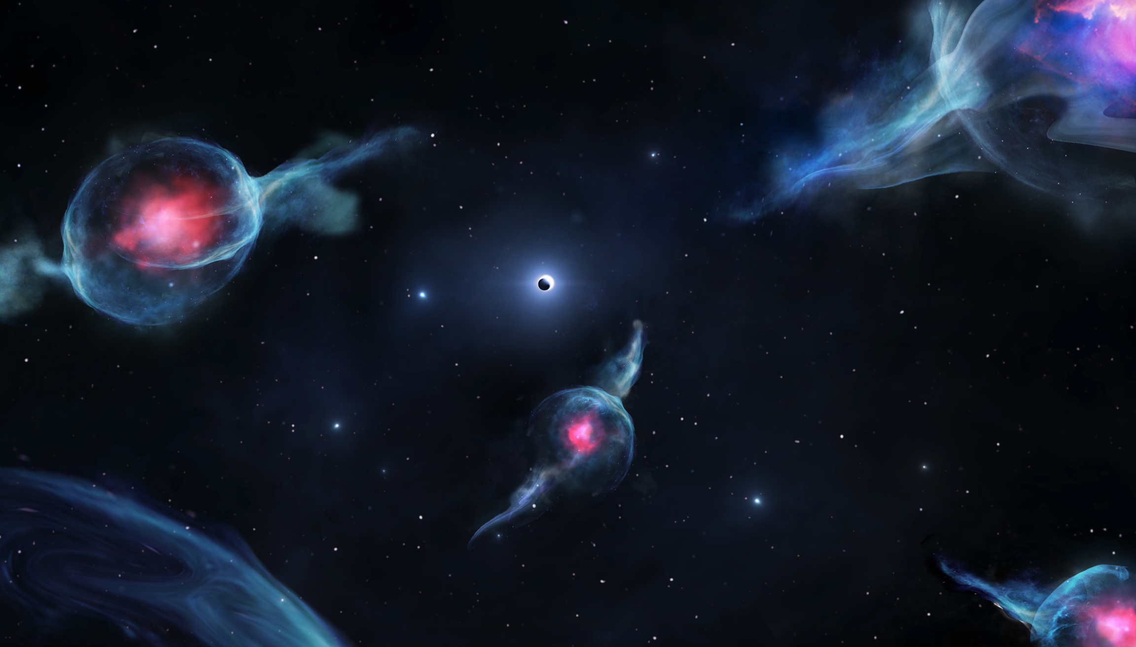 Une vue d'artiste des objets G autour du trou noir central de la Voie lactée. Elle montre outre des objets G, avec des centres rougeâtres, en orbite autour du trou noir supermassif, le trou noir lui-même représenté comme une sphère sombre à l'intérieur d'un anneau blanc. © Jack Ciurlo