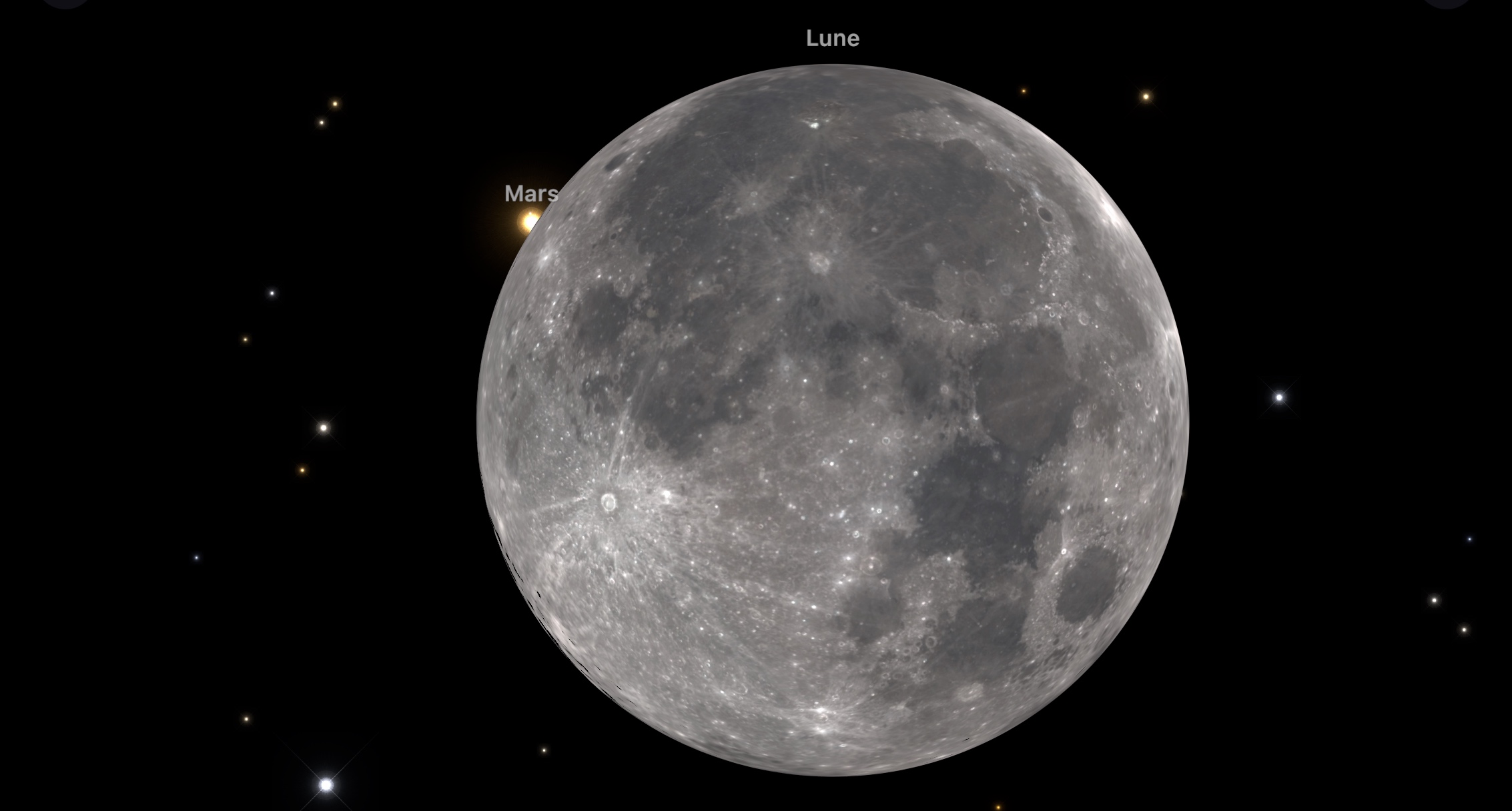 le 8 décembre vers 6 h 11 du matin, la Pleine Lune va faire disparaître Mars pendant près d'une heure. © SkyGuide