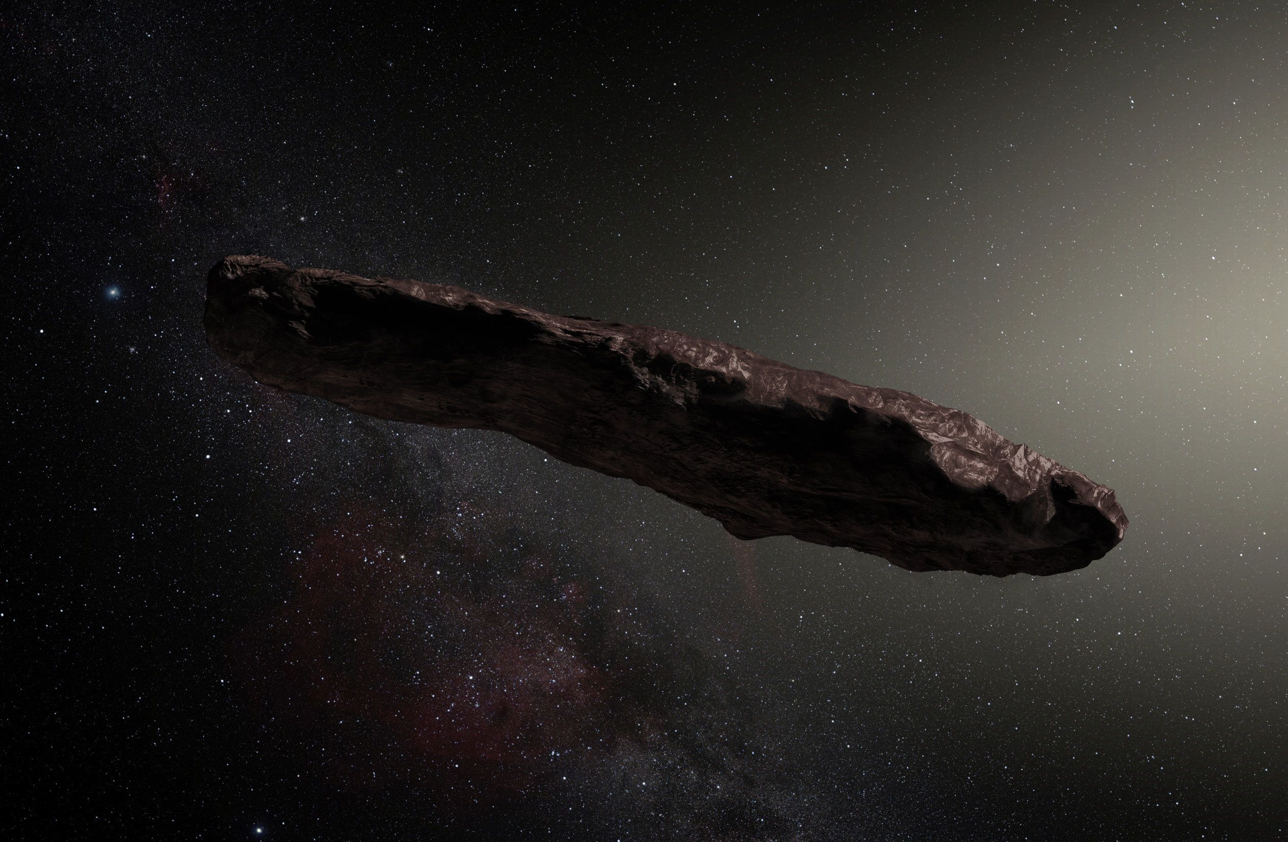 Illustration de 'Oumuamua, le premier astéroïde interstellaire découvert dans notre Système solaire. Son histoire serait chaotique. © M. Kornmesser, ESO