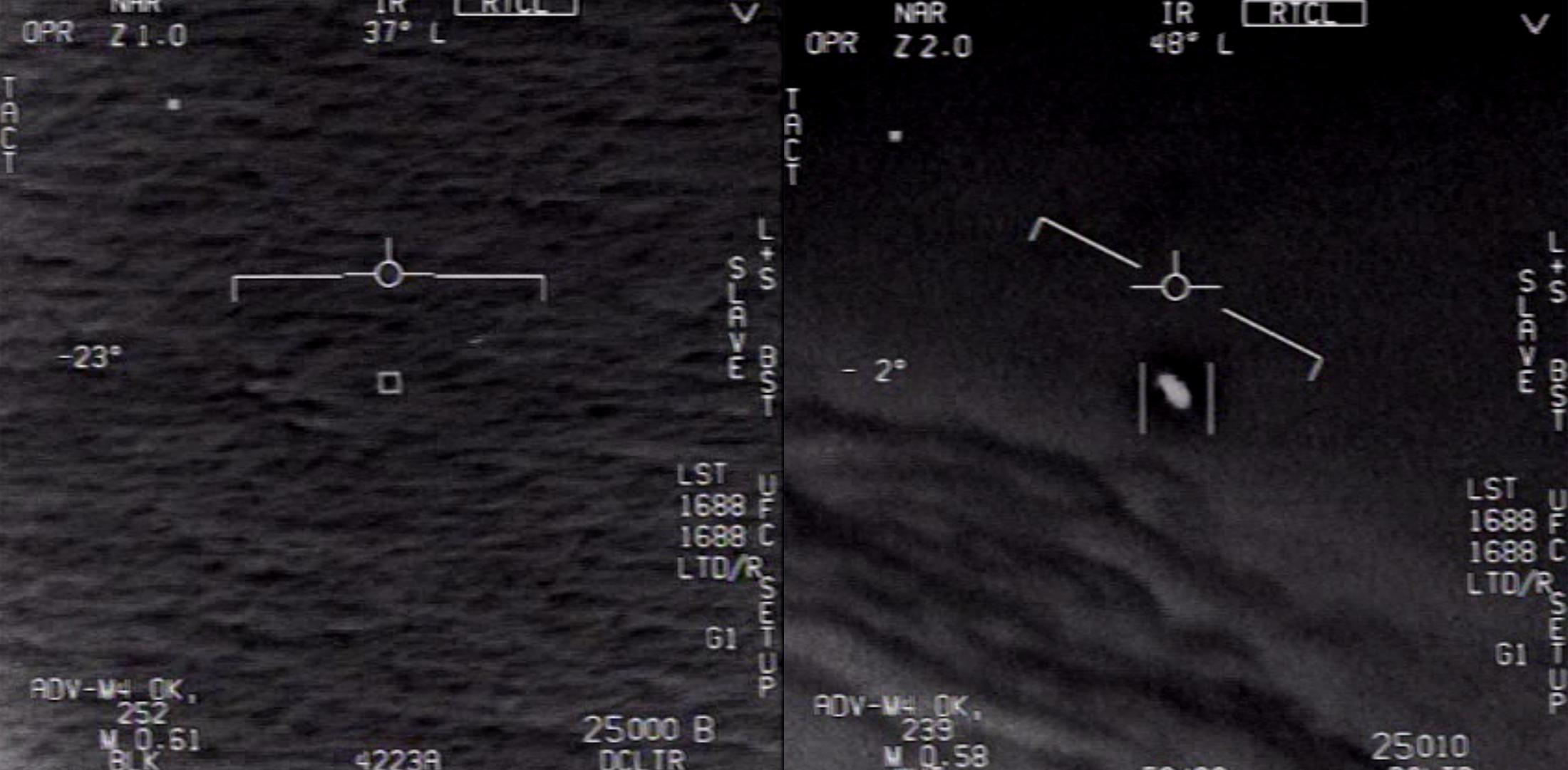 Phénomènes aériens non identifiés capturés par des pilotes d'avions de chasse américains en 2004 et 2015. © DOD, U.S. Navy