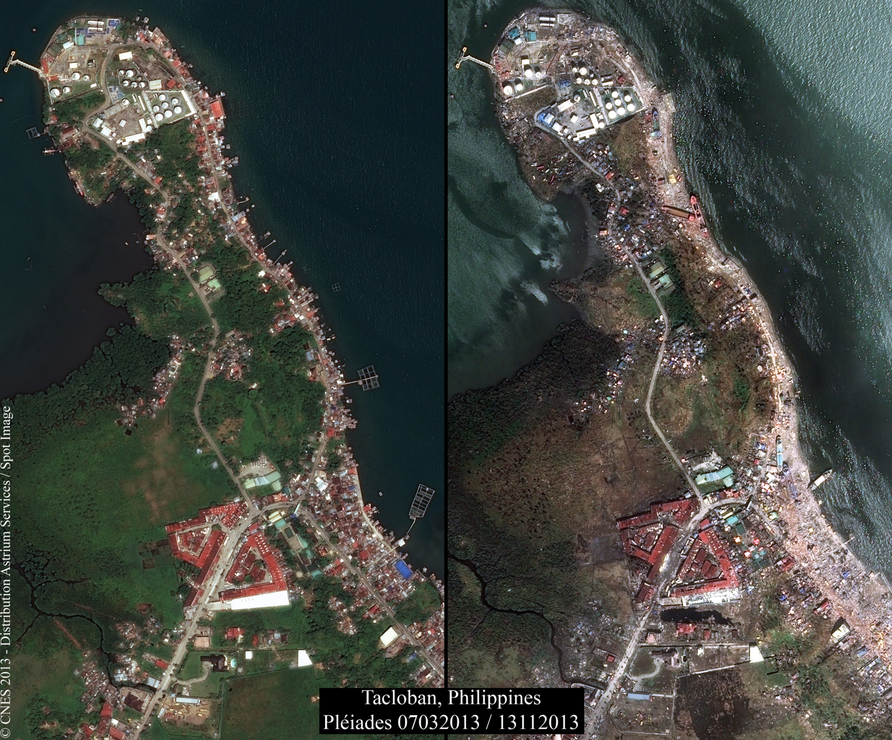 Ces deux images montrent les effets du typhon Haiyan, qui s'est abattu sur les Philippines le 8 novembre 2013, et l’étendue des dégâts qu'il a provoqués. Les deux scènes ont été acquises par un satellite Pléiades le 7 mars 2013 et le 13 novembre 2013. © Cnes, Distribution Astrium Services, Spot Image, 2013