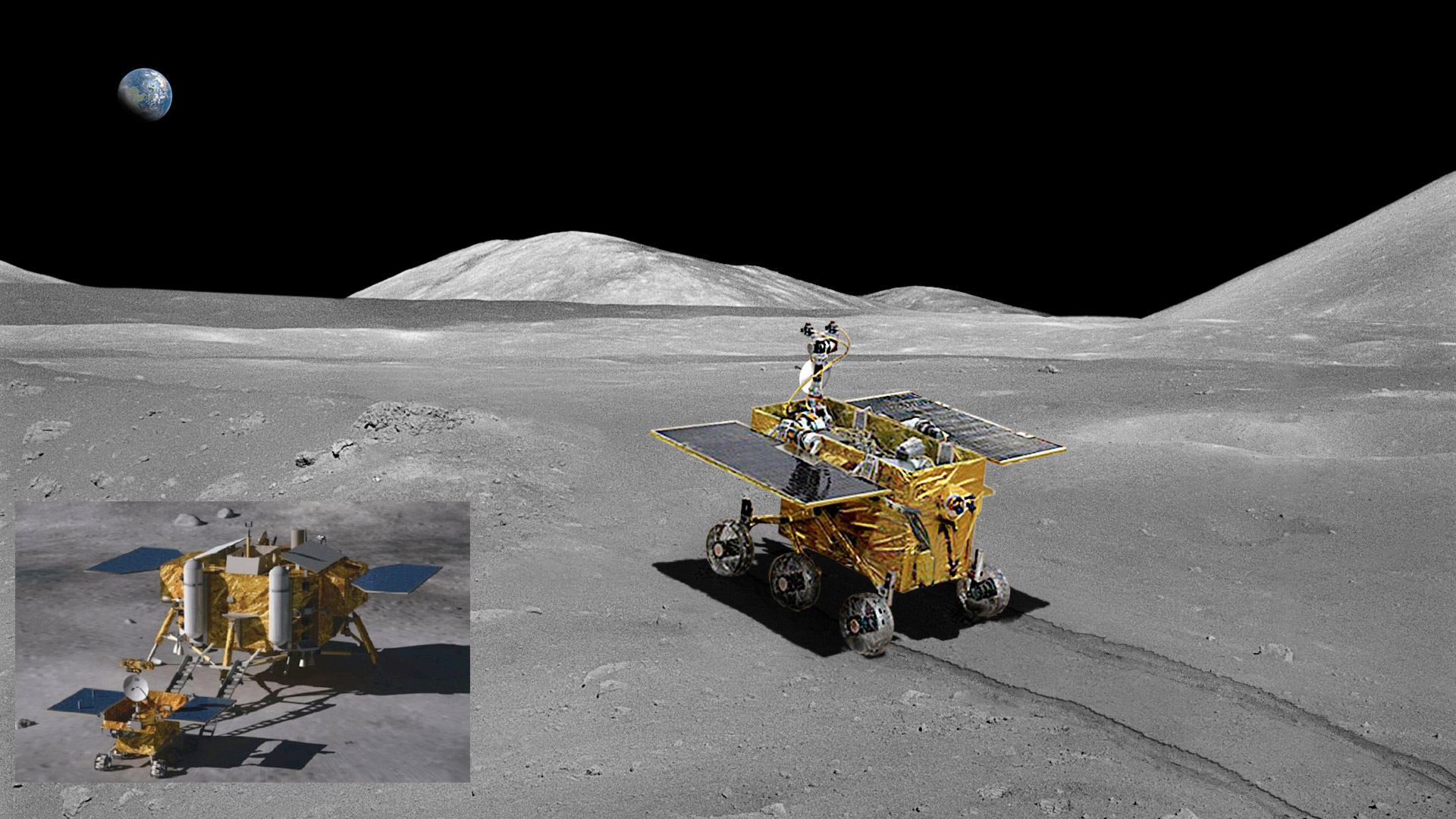 Vue d'artiste du rover Yutu et de l'atterrisseur qui le déposera sur la surface lunaire. L’atterrissage contrôlé est prévu pour le 14 décembre. © CNSA