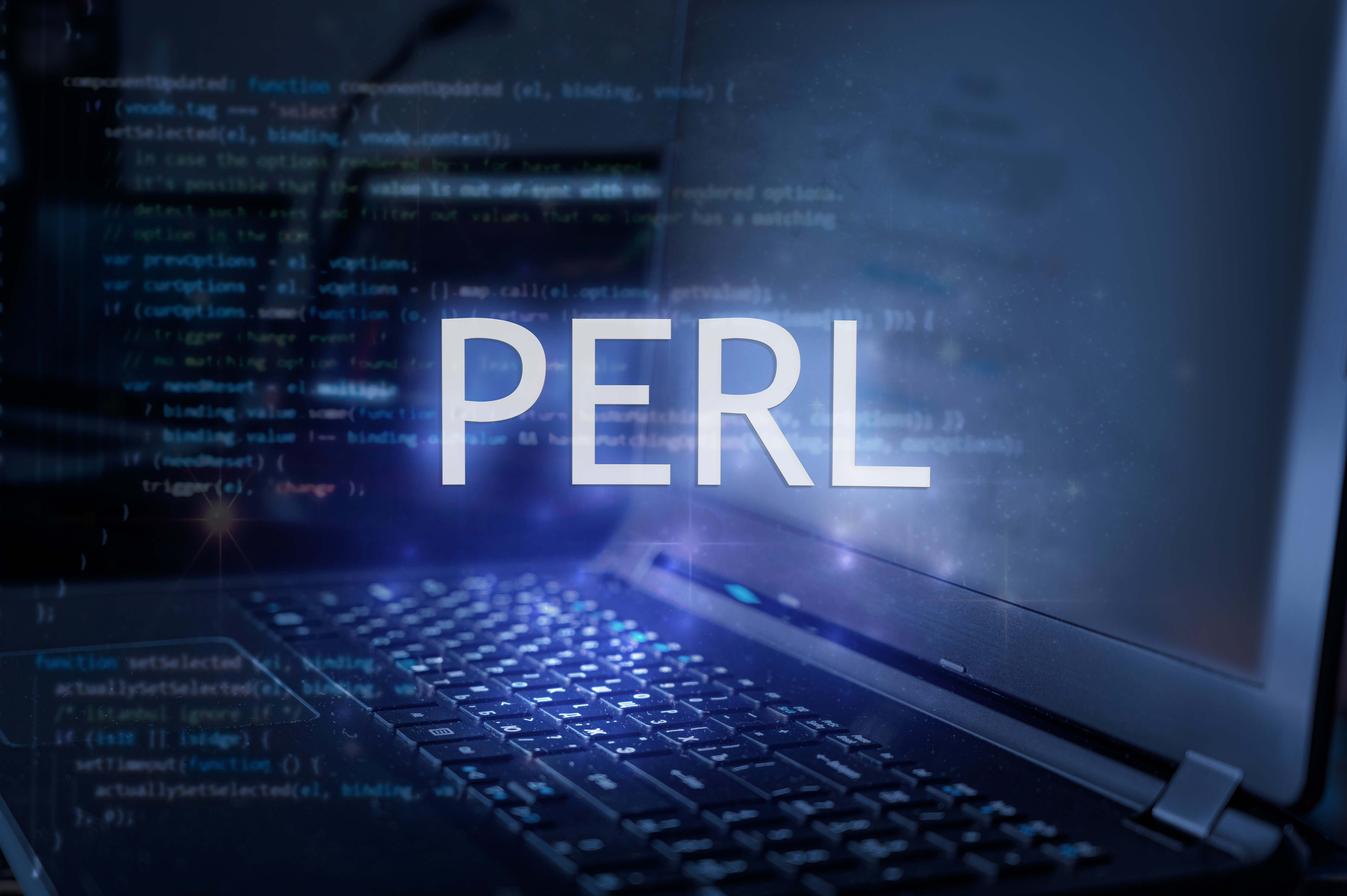 L'inscription Perl - langage de programmation - avec un ordinateur portable en toile de fonds. © Maria Vonotna - AdobeStock