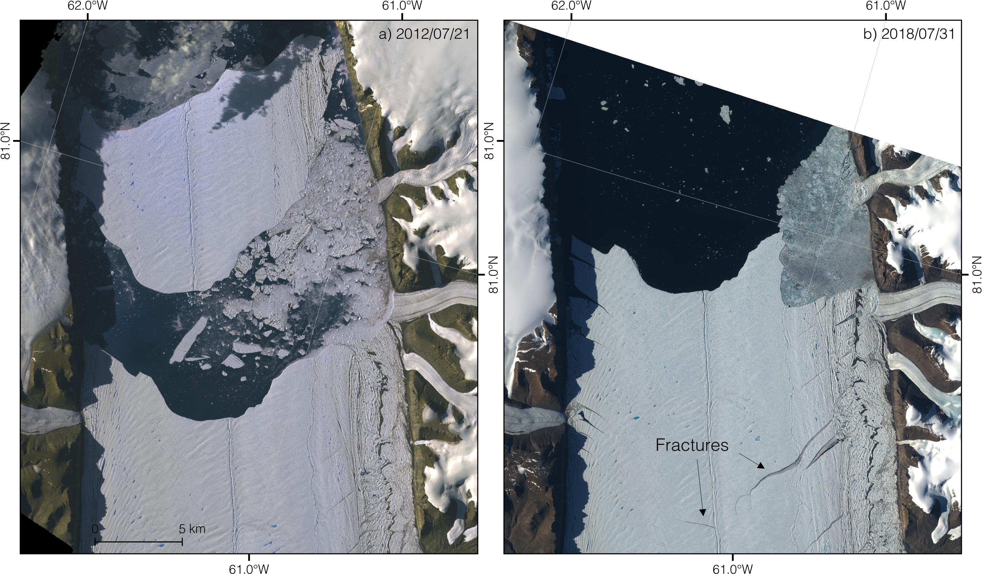 À gauche, le glacier Petermann vu par le satellite Terra de la Nasa peu après qu'un iceberg se soit détaché de la langue en 2012. À droite, le glacier vu par le satellite Sentinel 2 de l'ESA le 31 juillet 2018. De nouvelles fissures sont visibles, se développant depuis le versant est du fjord jusqu'au milieu de la langue. © Nasa/JPL/ESA
