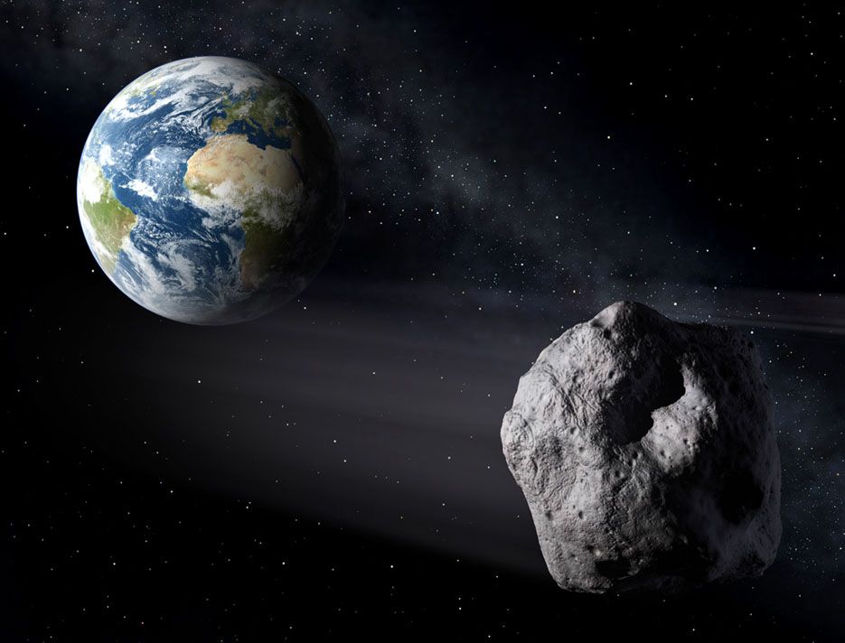 Vue d'artiste d’un astéroïde potentiellement dangereux (PHA) frôlant la Terre. © Esa, P. Carril