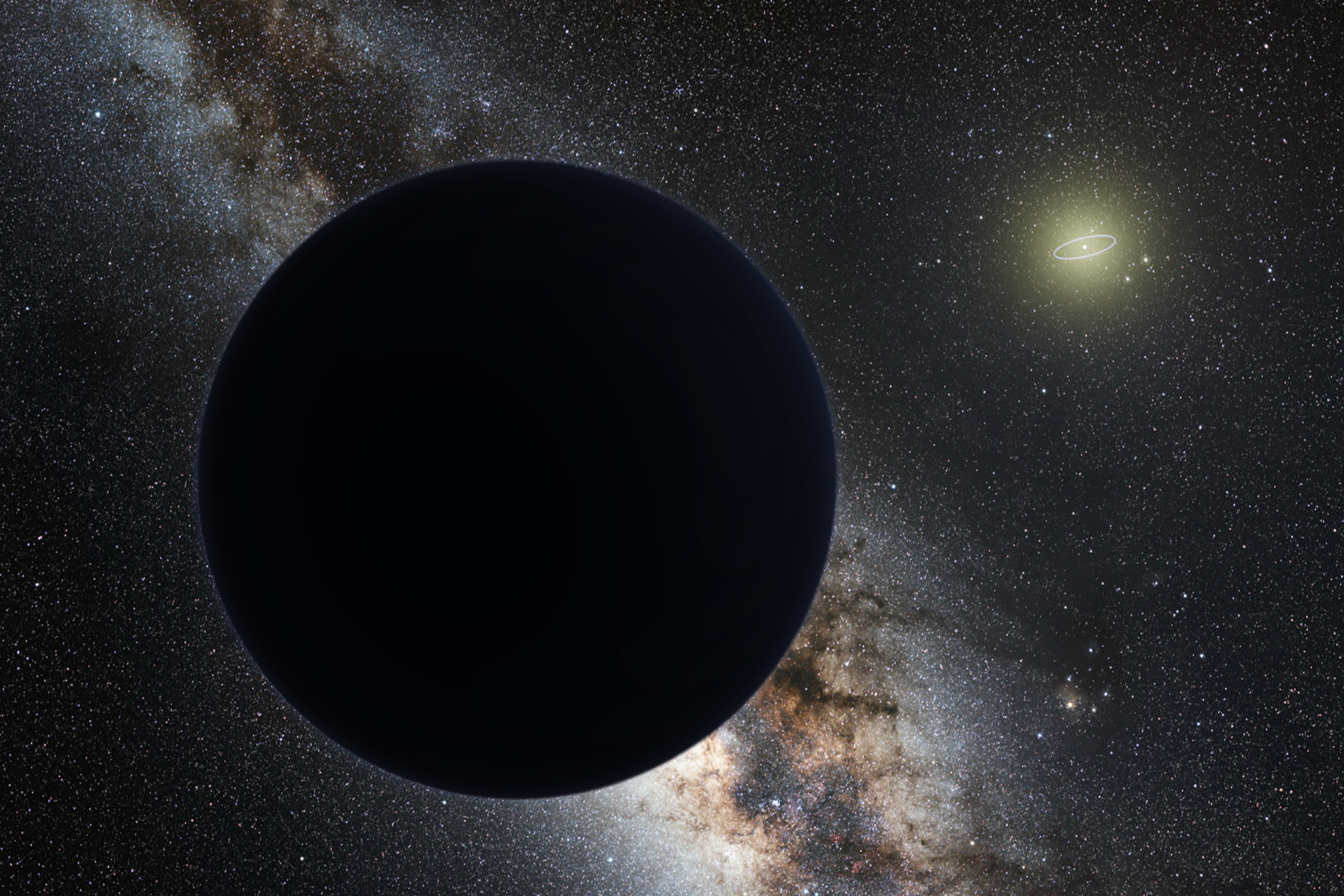 Vue d'artiste de l'hypothétique Planète 9, une géante de glace éclipsant la Voie lactée centrale, avec un Soleil semblable à une étoile au loin. L'orbite de Neptune est représentée par une petite ellipse autour du Soleil. La vue et l'apparence du ciel sont basées sur les conjectures de son co-promoteur, Mike Brown. © nagualdesign, Tom Ruen