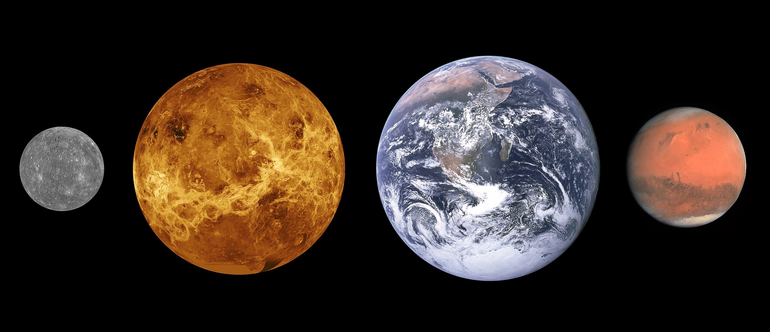 Les planètes telluriques sont principalement composées de roches et de métaux et ont une densité relativement élevée, une rotation lente, une surface solide, pas d'anneaux et peu de satellites (Mercure, Vénus, la Terre, et Mars par exemple). Image de Mercure : NASA/JHUAPL ; Image de Vénus : NASA ; Image de la Terre : NASA/équipage Apollo 17 ; Image de Mars : ESA/MPS/UPD/LAM/IAA/RSSD/INTA/UPM/DASP/IDA, Wikimedia Commons, CC BY-SA 3.0 IGO.