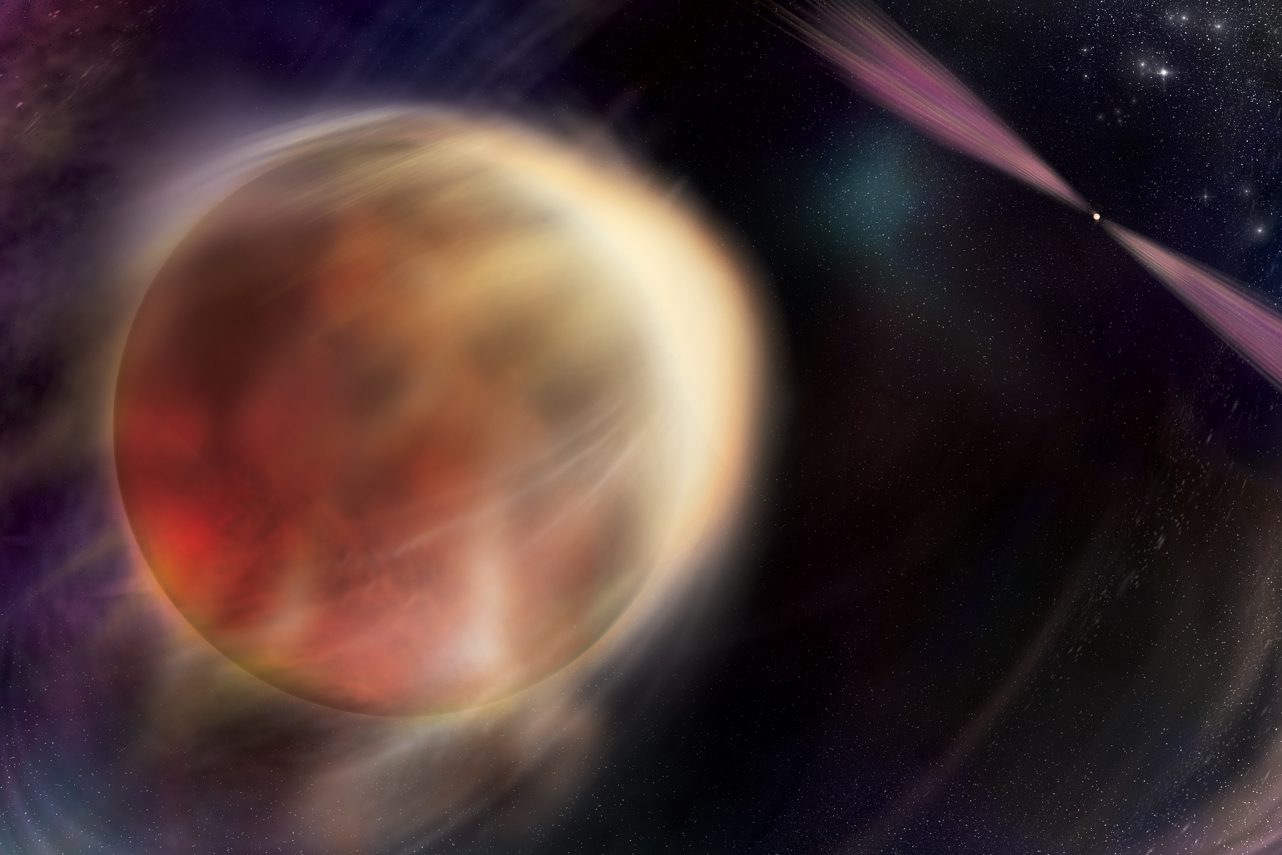 Une étoile en orbite autour d'un reste stellaire super dense en rotation rapide appelé pulsar dans cette illustration. Le pulsar émet des faisceaux de lumière à plusieurs longueurs d'onde qui tournent tel un phare.  © Nasa, Sonoma State University, Aurore Simonnet
