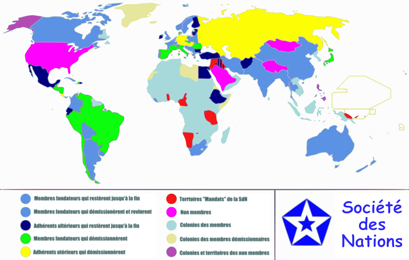 Représentation des pays lors de la création de la SDN. Les États-Unis n’en font pas partie. © Allard Postman, Wikimedia Commons, cc by sa 3.0
