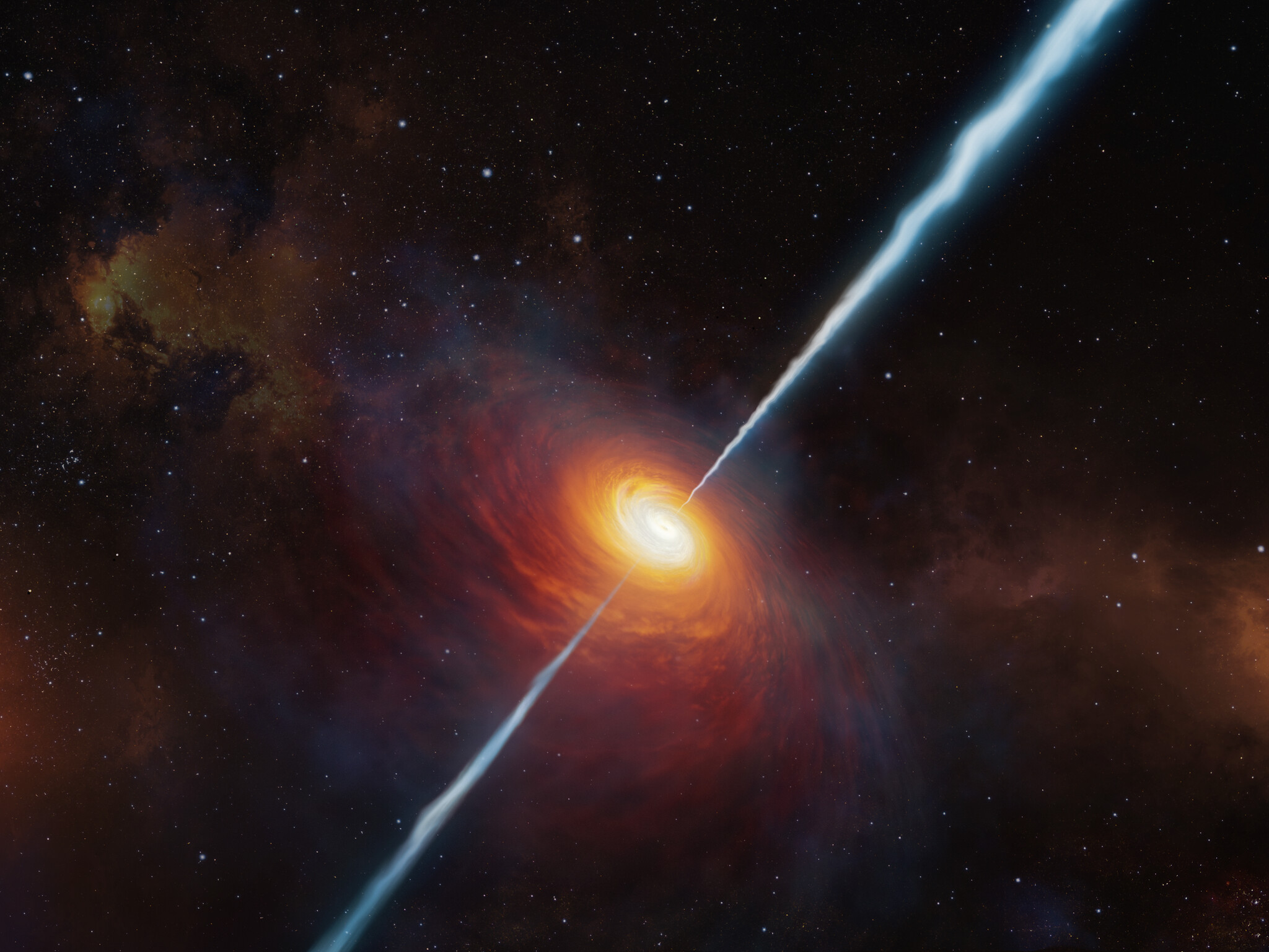 Cette vue artiste montre à quoi devait ressembler le lointain quasar P172+18 et ses jets radio. À ce jour (début 2021), c'est le quasar le plus lointain avec des jets radio jamais trouvé. Il a été étudié grâce au Very Large Telescope de l'ESO. Il est si éloigné que la lumière qui en provient a voyagé pendant environ 13 milliards d'années pour nous atteindre : nous le voyons tel qu'il était lorsque l'Univers n'avait que 780 millions d'années environ. © ESO, M. Kornmesser