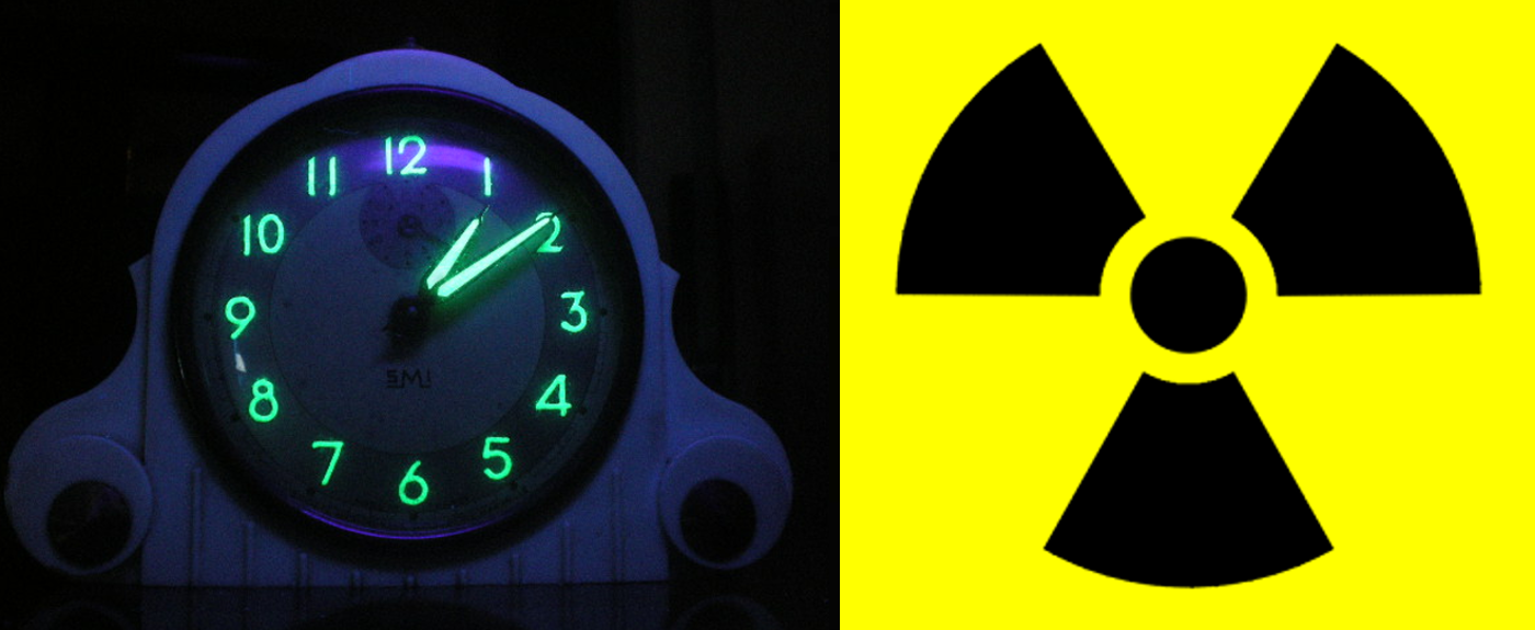 Le radium est un élément radioactif nocif pour la santé. Il a un moment été utilisé pour ses propriétés luminescentes rendant visibles les aiguilles de certaines horloges (à gauche sur la photo) avant d'être interdit pour toutes les applications non médicales en 1937. © Arma95, Wikimedia Commons, CC by-sa 3.0 et Sarang, Wikimedia Commons, DP