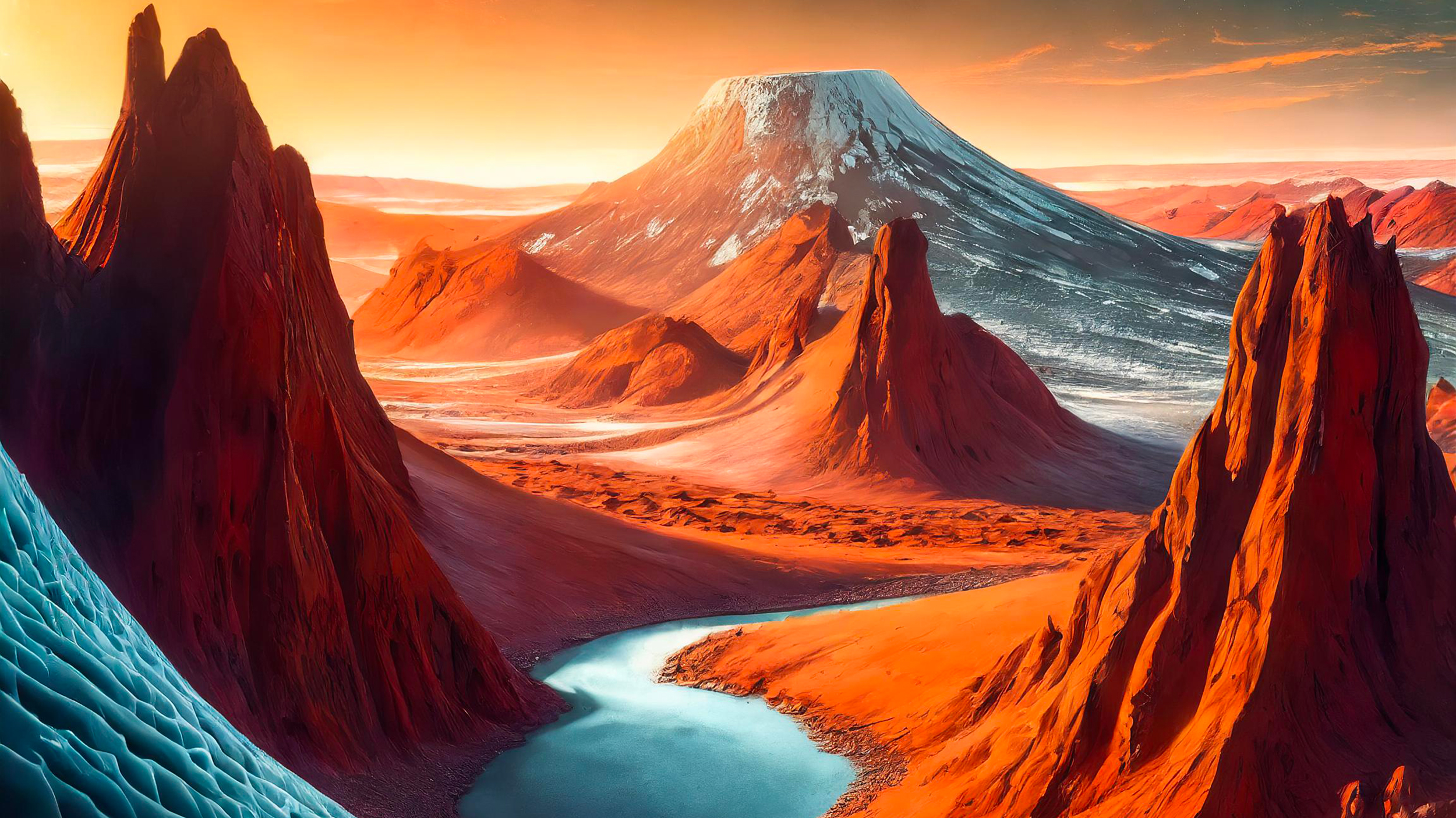 Illustration de paysages martiens façonnés par de la glace. Image générée à l'aide d'une IA. © RD, Adobe Firefly