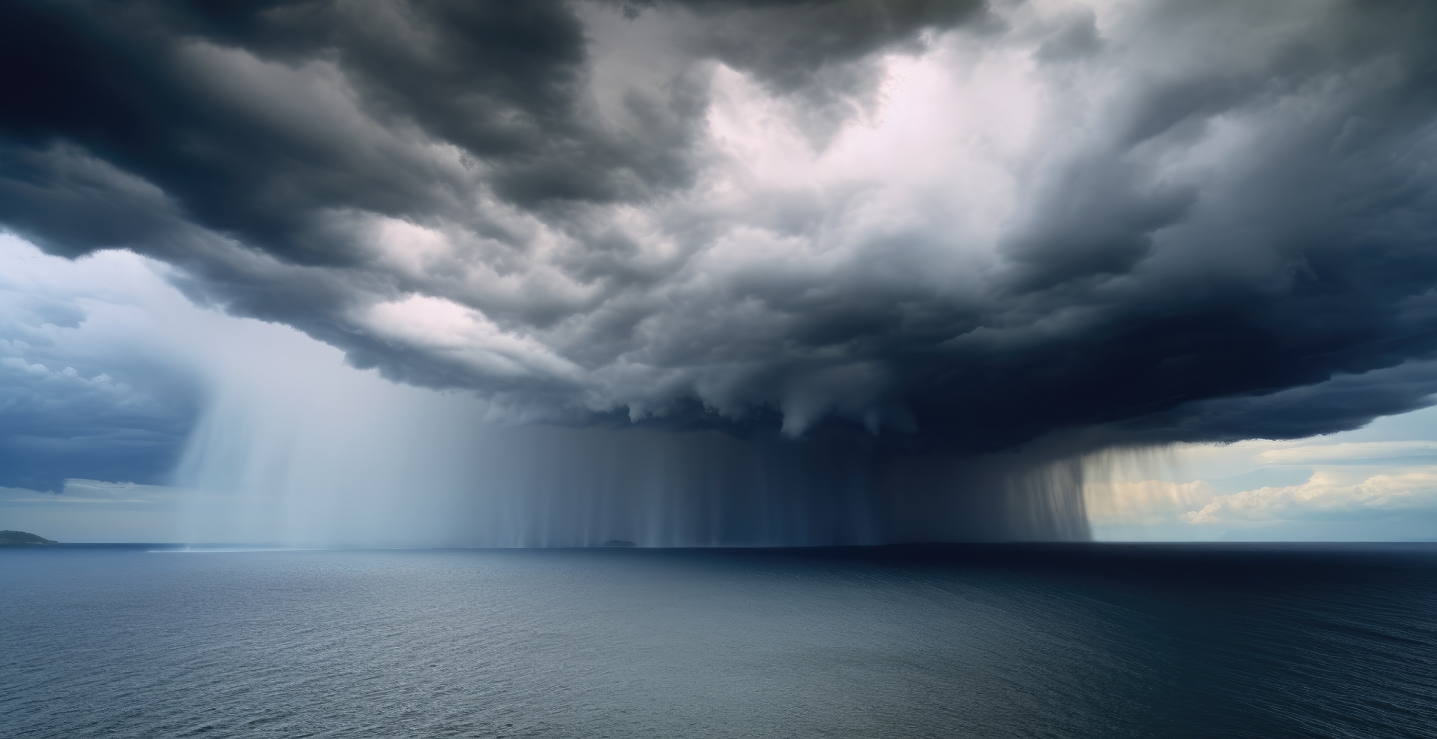 Un rideau de pluie sous un orage au-dessus de la mer. © Mimadeo, Adobe Stock
