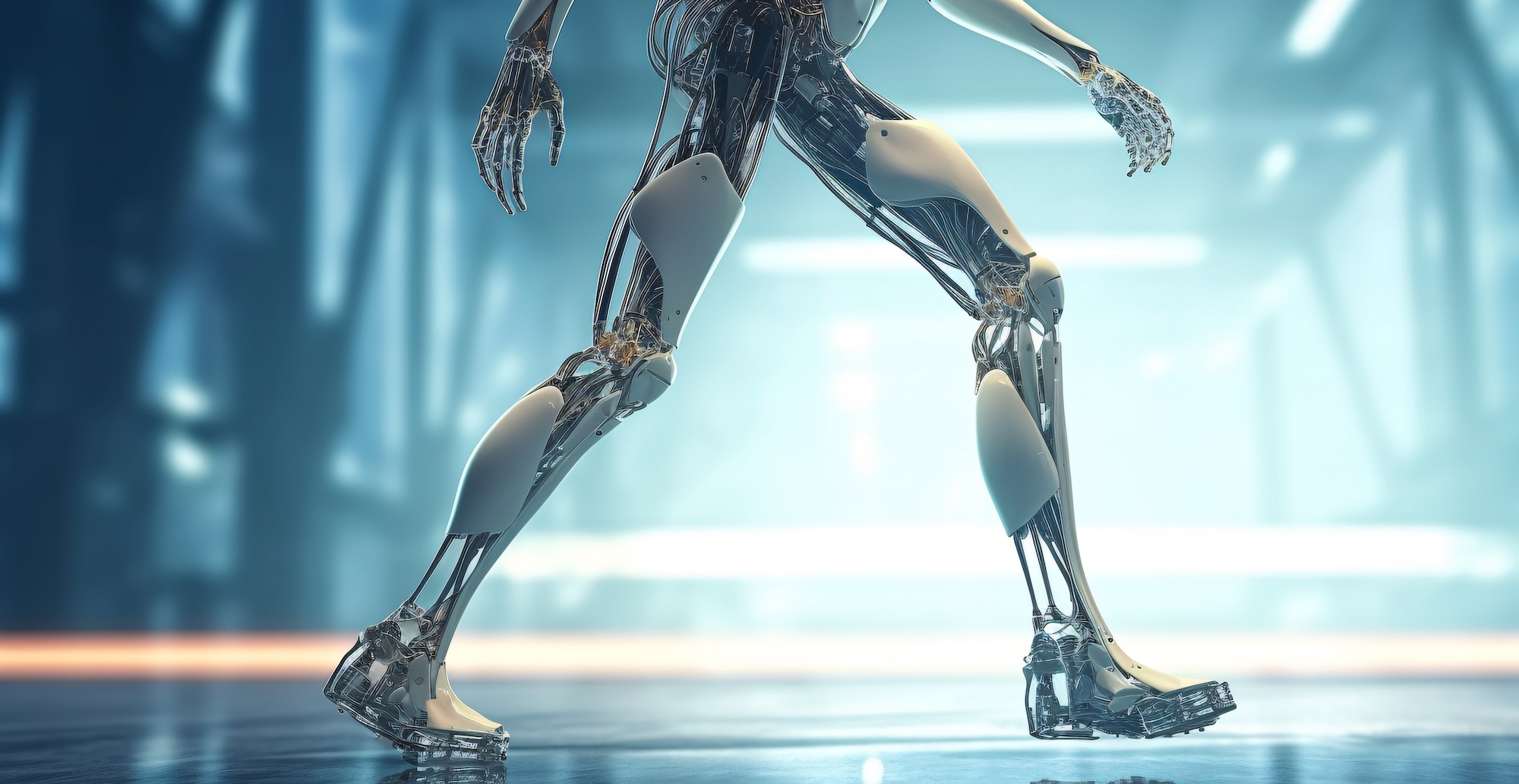 Illustration d'un robot humanoïde en train de marcher. Image générée à l'aide d'une IA. © vachom, Adobe Stock